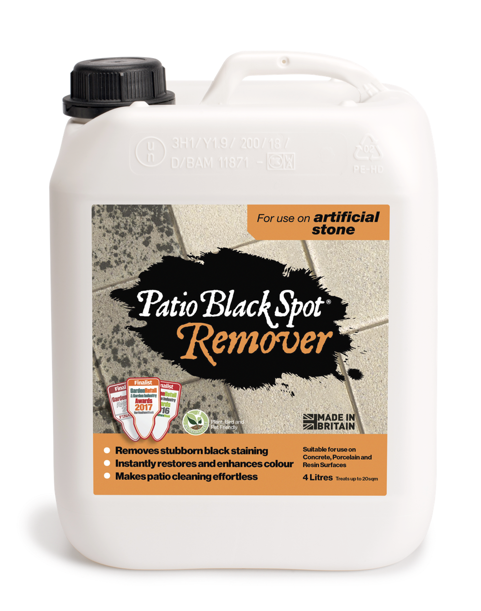 Four-liter container of Patio Black Spot Remover for artificial stone, designed for removing black spots in home and garden areas.