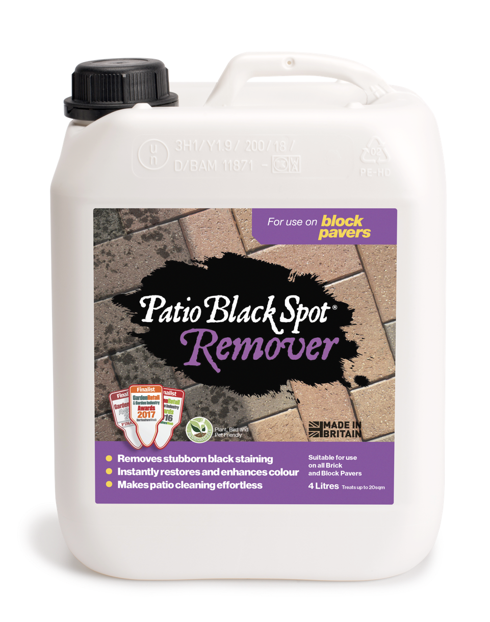 Four-liter container of Patio Black Spot Remover for block paving from Patio Black Spot Removal, used for cleaning outdoor paving surfaces.