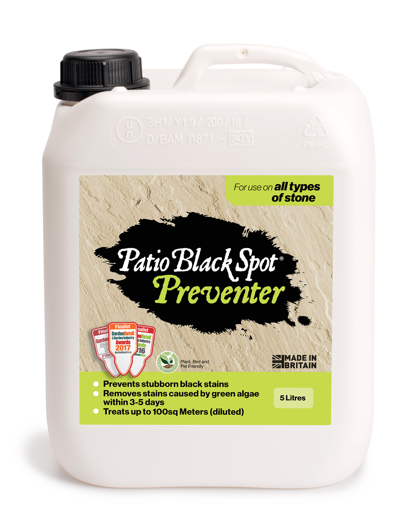 5L patio black spot preventer for all stone types from Patio Black Spot Removal, designed to protect garden surfaces.