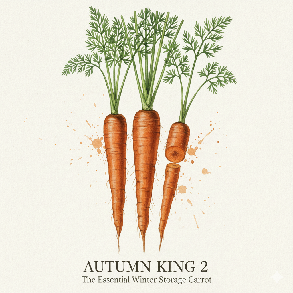 Illustration of carrots with green tops on a beige background, labeled 'Autumn King 2'.