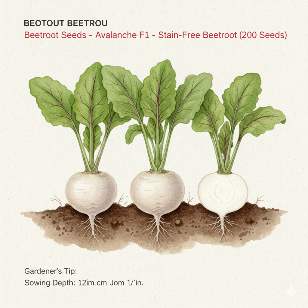 Botanical watercolor of Avalanche F1 white beetroot with smooth skin and vibrant green leaves