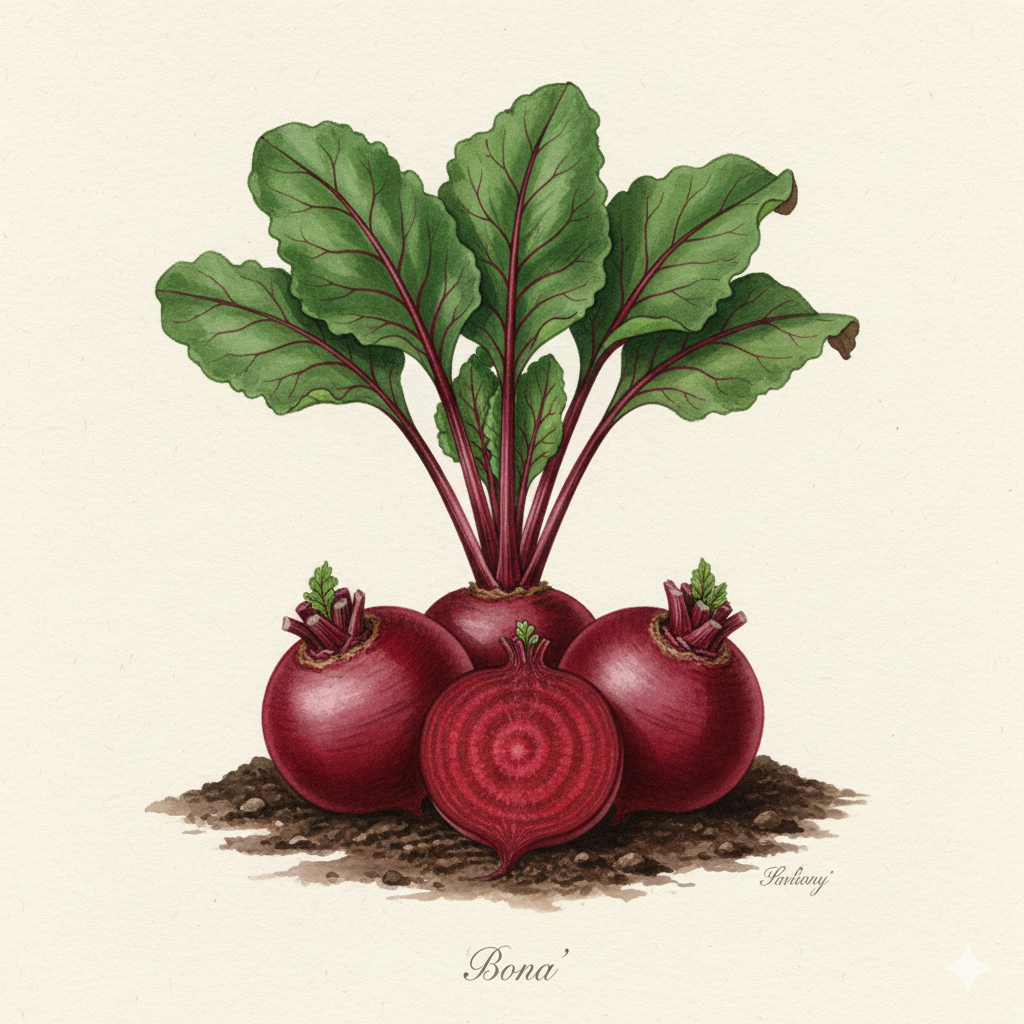 Botanical watercolor of Bona beetroot with smooth dark red skin and uniform crimson interior.