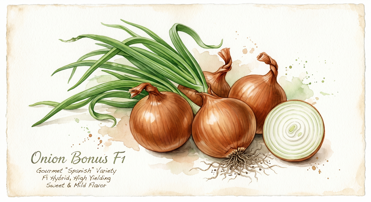 Image of Bonus F1 Spanish hybrid onion seeds by The Puzzle Seed Company, showcasing a packet of high-yield onion seeds.