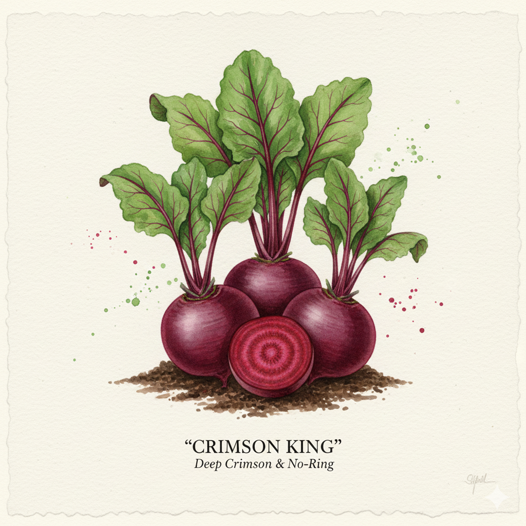 Botanical watercolor of Crimson King beetroot with smooth dark red skin and a solid crimson interior.