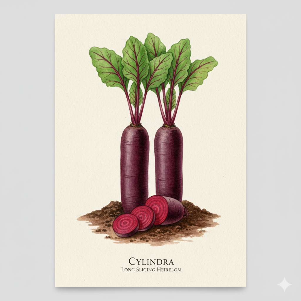 Botanical watercolor of Cylindra beetroot with long cylindrical roots and sliced round discs.