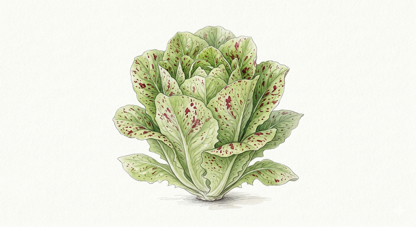 Image of Freckles lettuce seeds by The Puzzle Seed Company, showing 300 decorative spotted lettuce seeds with semi-cos leaf shape.