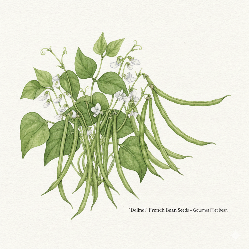 Botanical watercolor of a Delinel dwarf french bean plant with straight, dark green pods