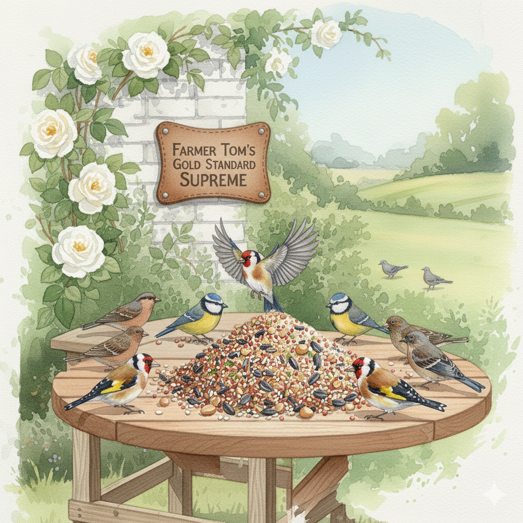 Wild bird food bag labeled Farmer Tom’s Gold Standard Supreme by The Puzzle Seed Company, featuring premium seed blend for wild birds.