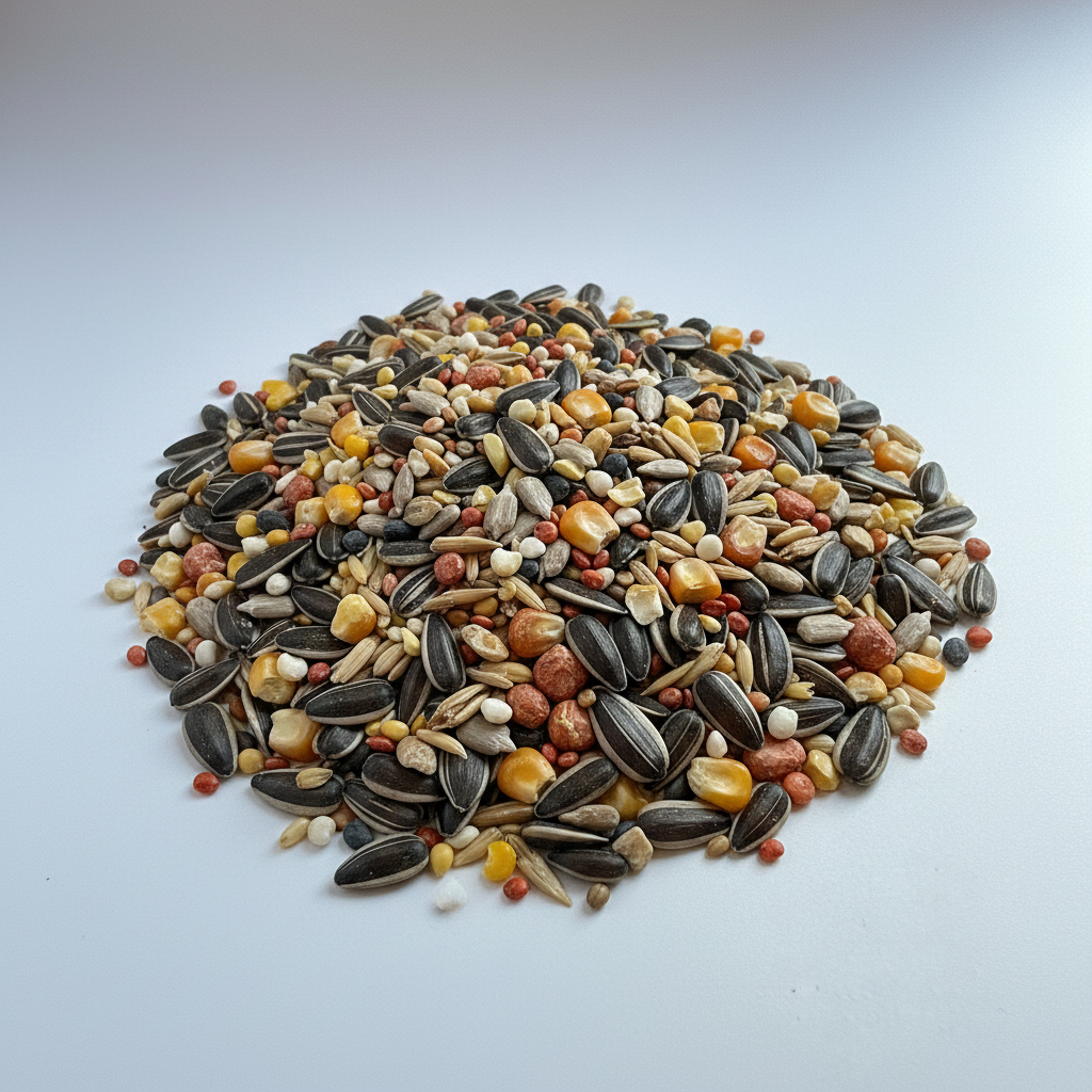 Wild bird food bag from The Puzzle Seed Company’s Farmer Tom’s Signature All-Seasons Staple, filled with mixed seeds for wild birds.