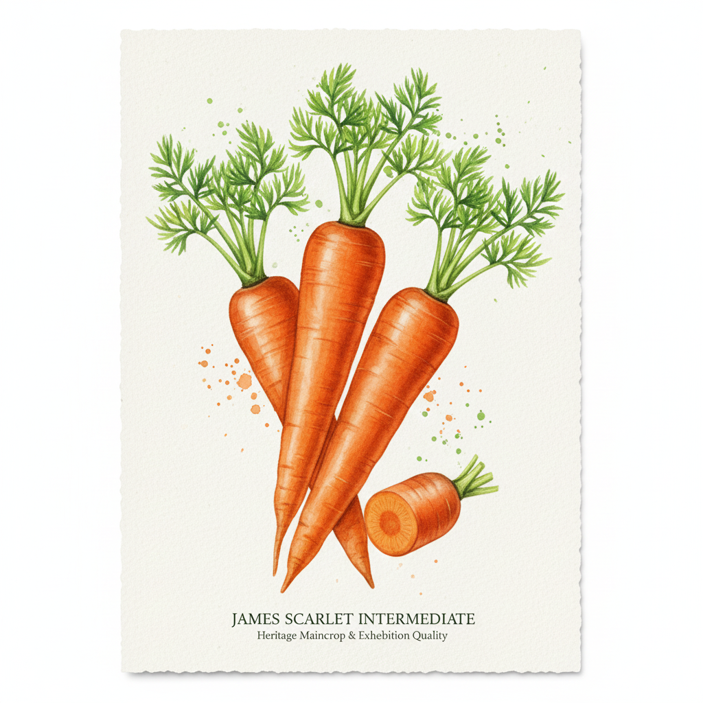James Scarlet Intermediate carrot seeds by The Puzzle Seed Company, showcasing vibrant orange carrots for heritage and exhibition gardening.