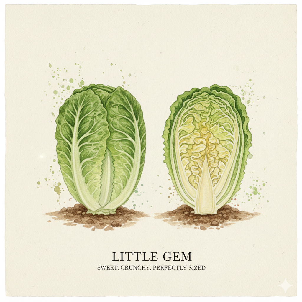 Little Gem lettuce seeds from The Puzzle Seed Company, showing compact cos lettuce heads and seed packet.