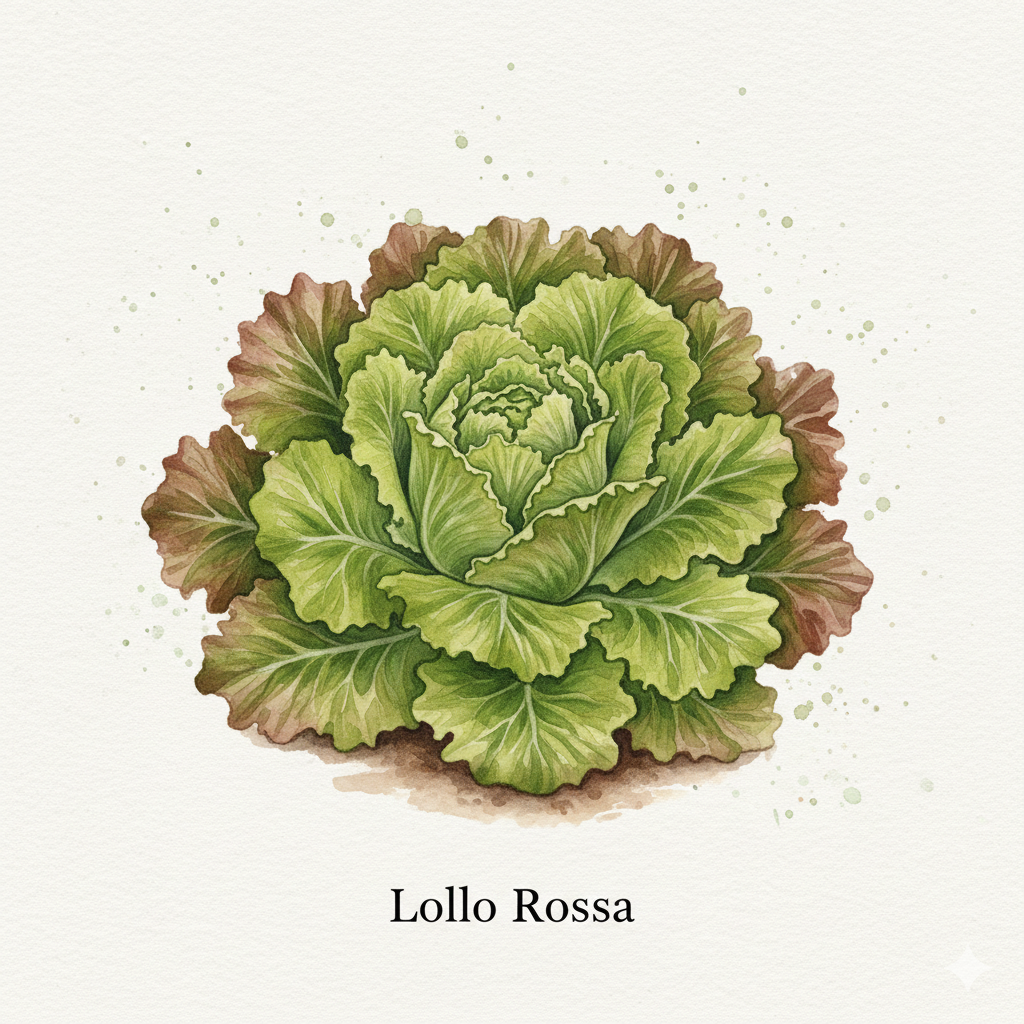 Botanical watercolor of Lollo Rossa lettuce showing a frilly rosette of green leaves with deep burgundy-red edges.