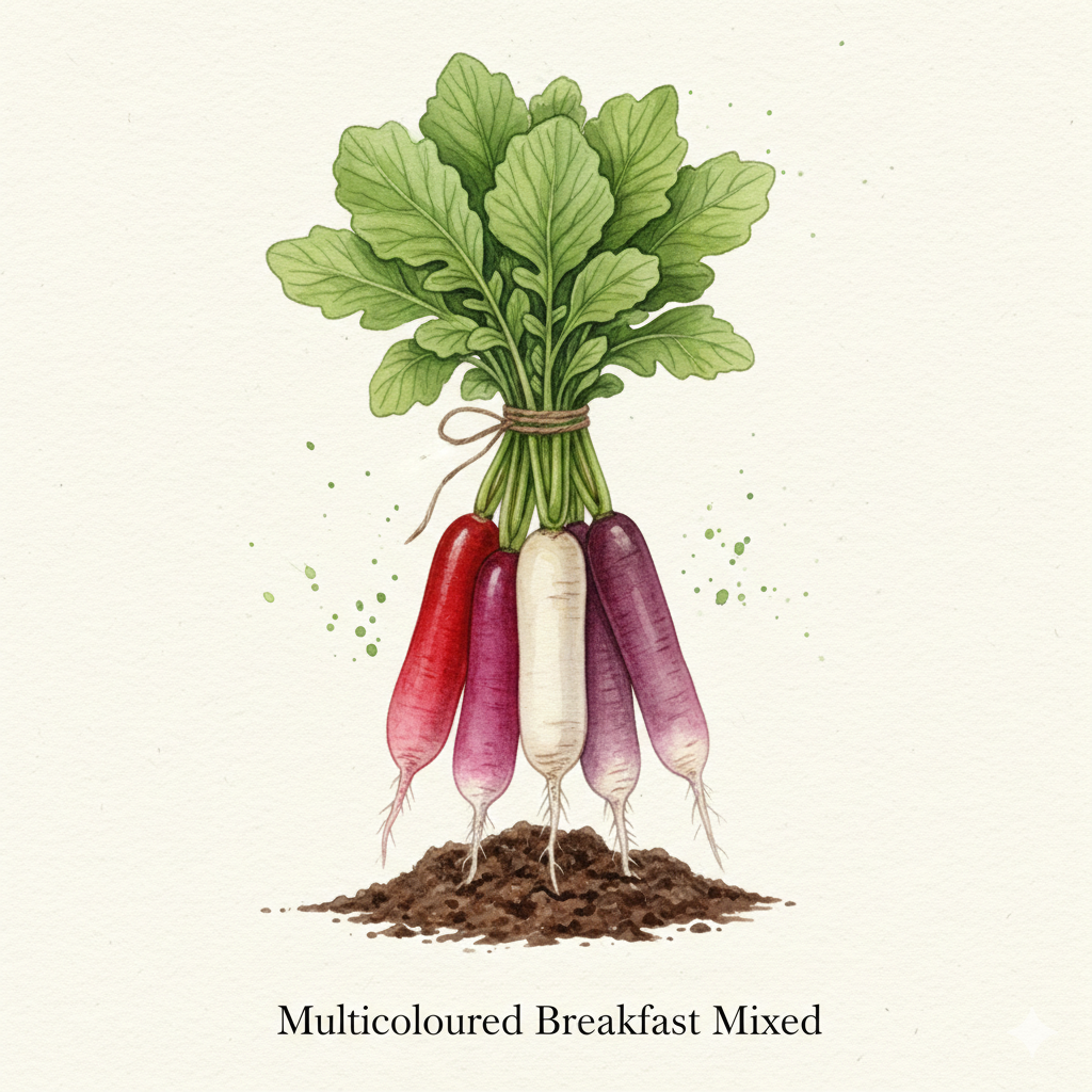 Botanical watercolor of Multicoloured Breakfast Mixed radishes showing long roots in red, white, and purple with fresh green tops.