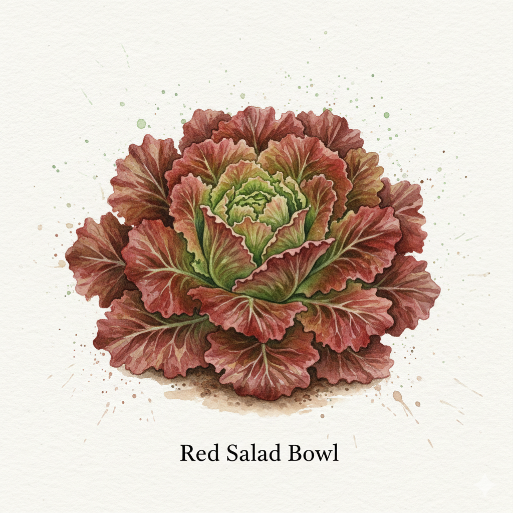 Red Salad Bowl lettuce seeds by The Puzzle Seed Company, RHS Award-winning Red Oak Leaf variety for fresh garden salads.