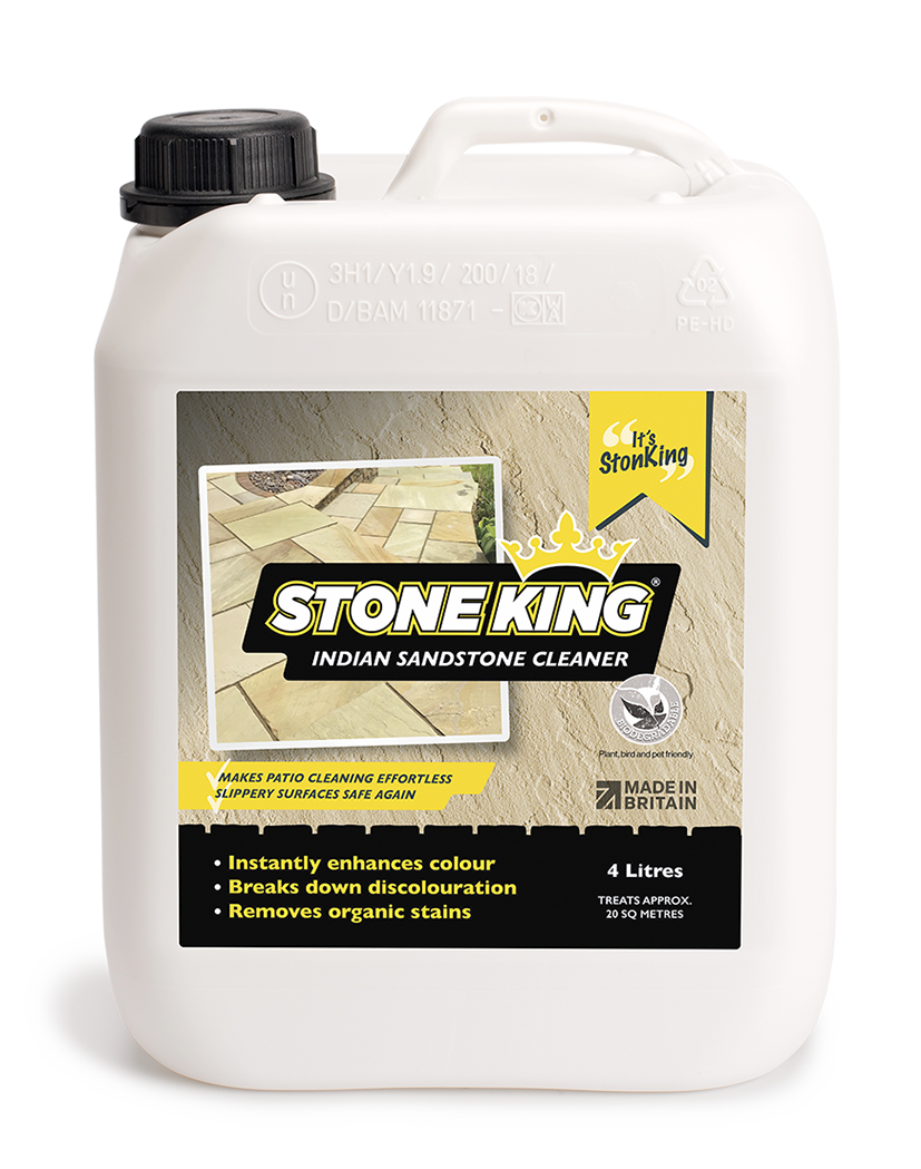 Indian sandstone cleaner from Stone King by Patio Black Spot Removal, showing a bottle of cleaning solution for sandstone surfaces.