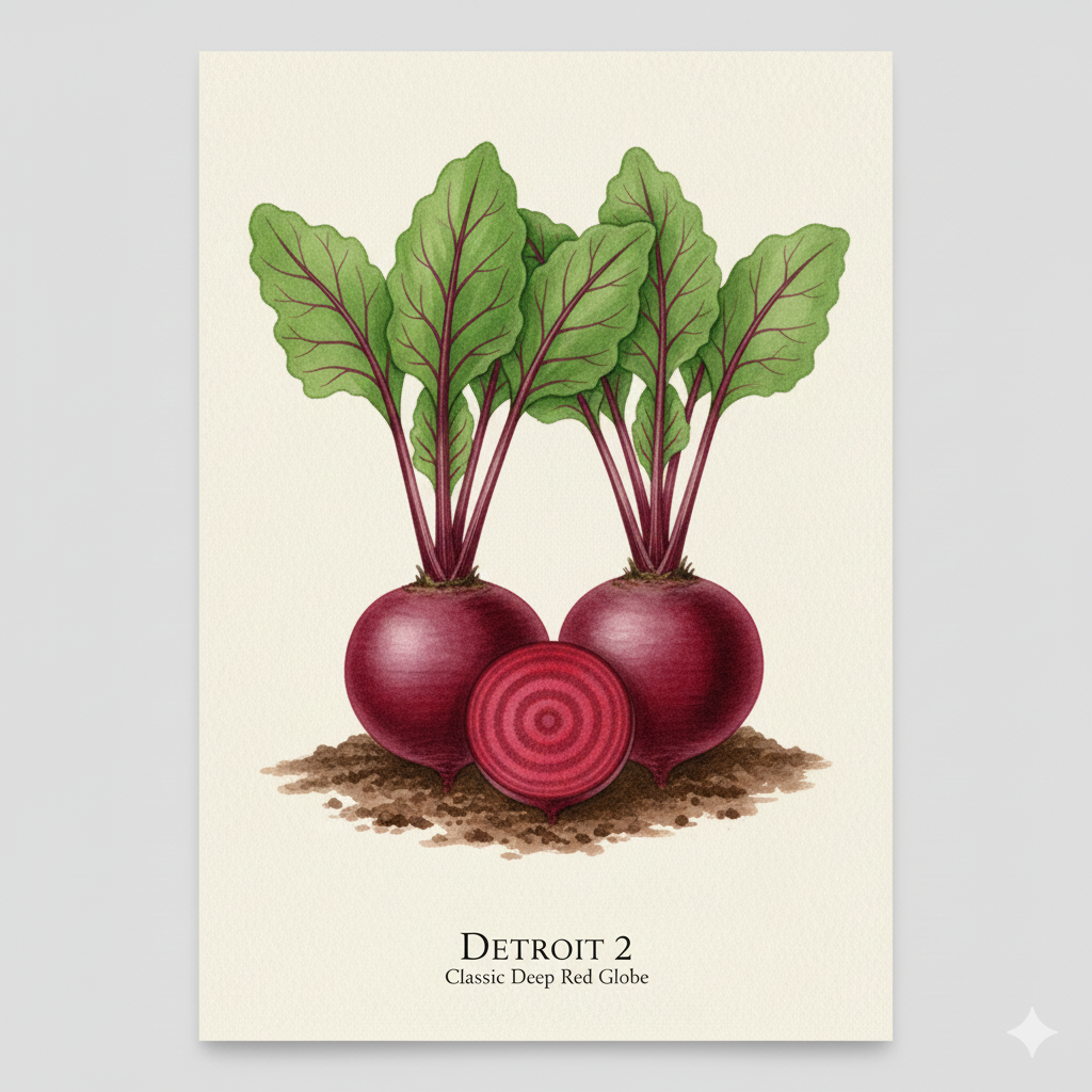 Botanical watercolor of Detroit 2 beetroot with smooth red skin and solid crimson-red interior.