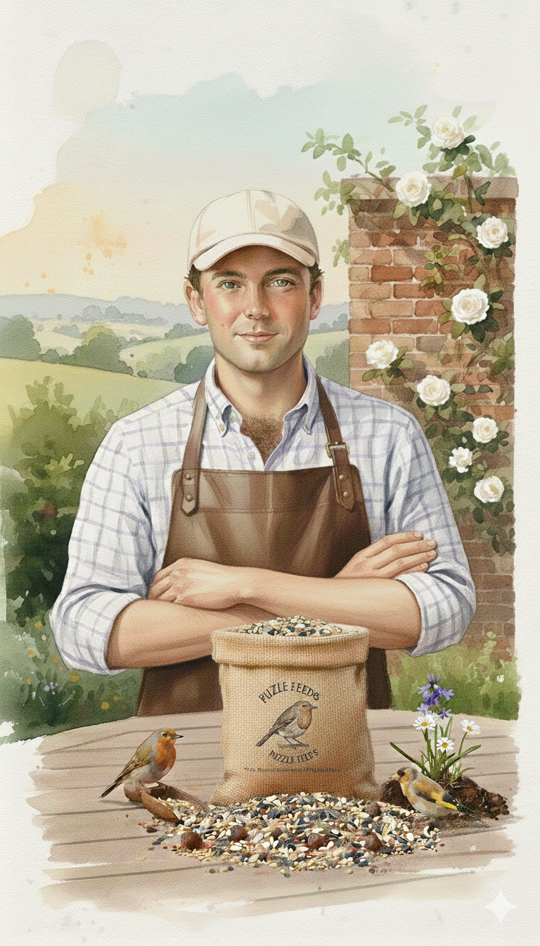 Farmer Tom standing proudly with a bag of Posh Bird Food in a British garden setting.
