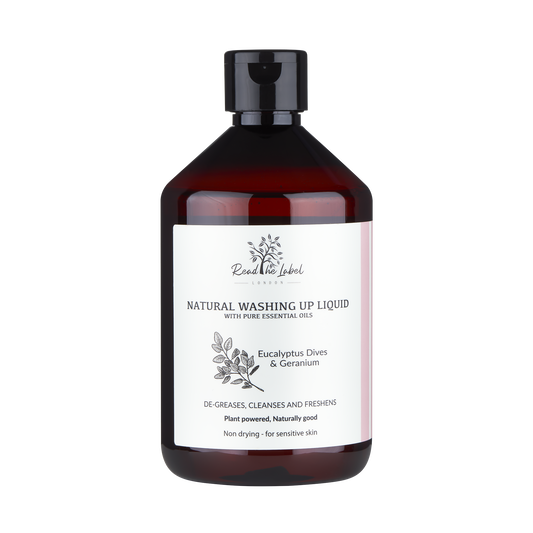 Natural washing up liquid with bergamot and grosso lavender from Read The Label London, showing a bottle with fresh citrus and lavender ingredients.