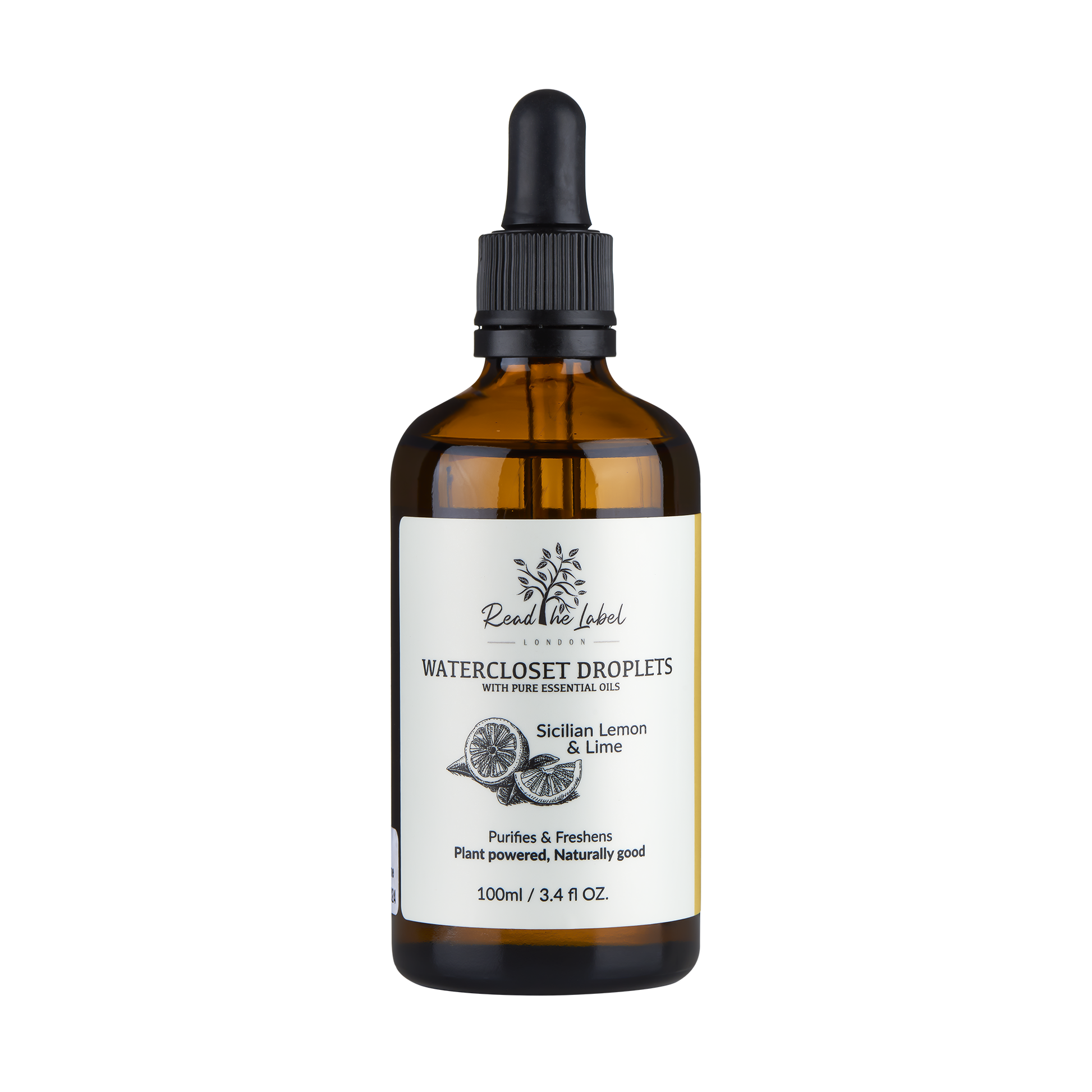 Natural Watercloset Droplets by Read The Label London, Sicilian Lemon & Lime room freshener in a clear glass bottle with droplets design.