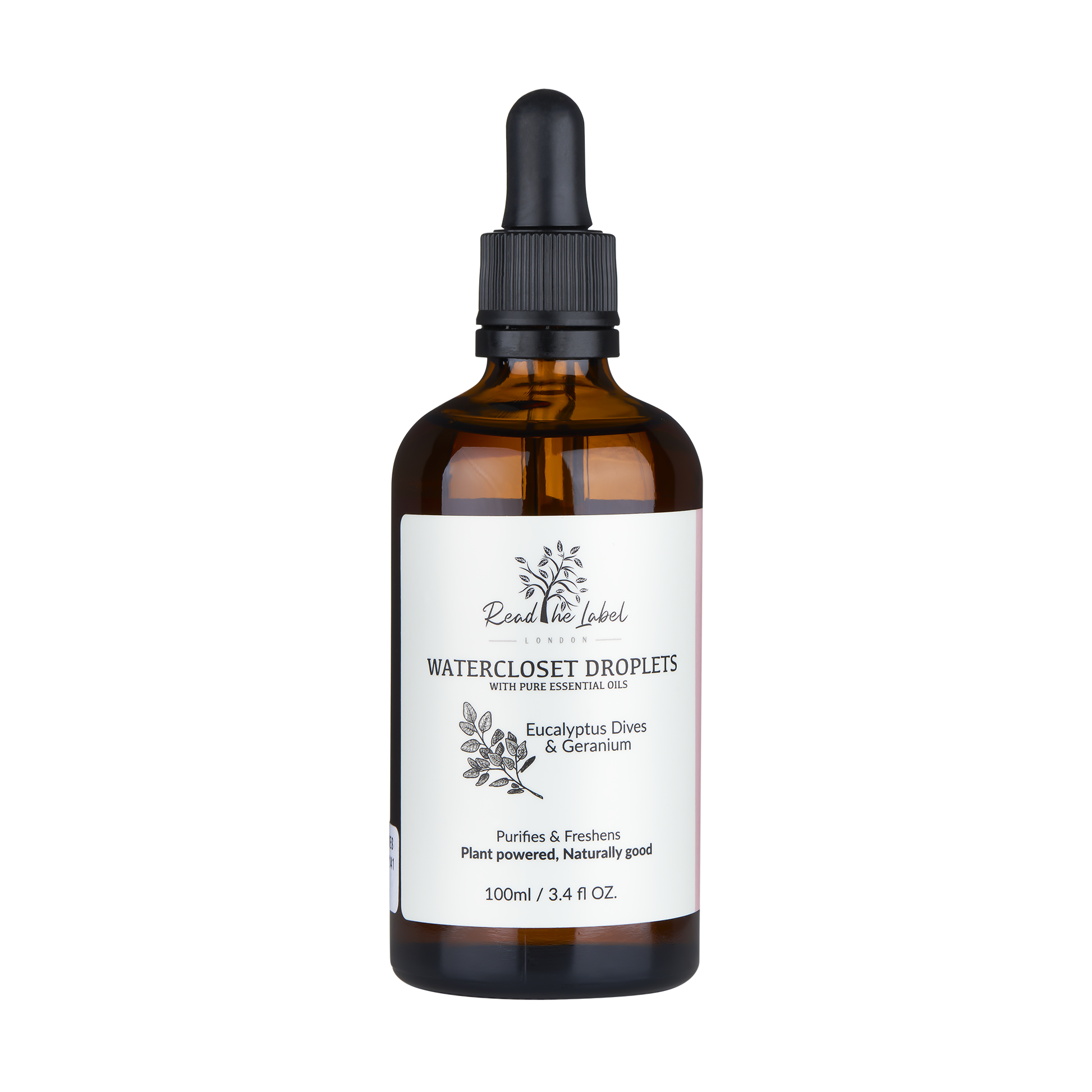 Natural Watercloset Droplets by Read The Label London featuring eucalyptus and geranium floral scents in a clear glass bottle.