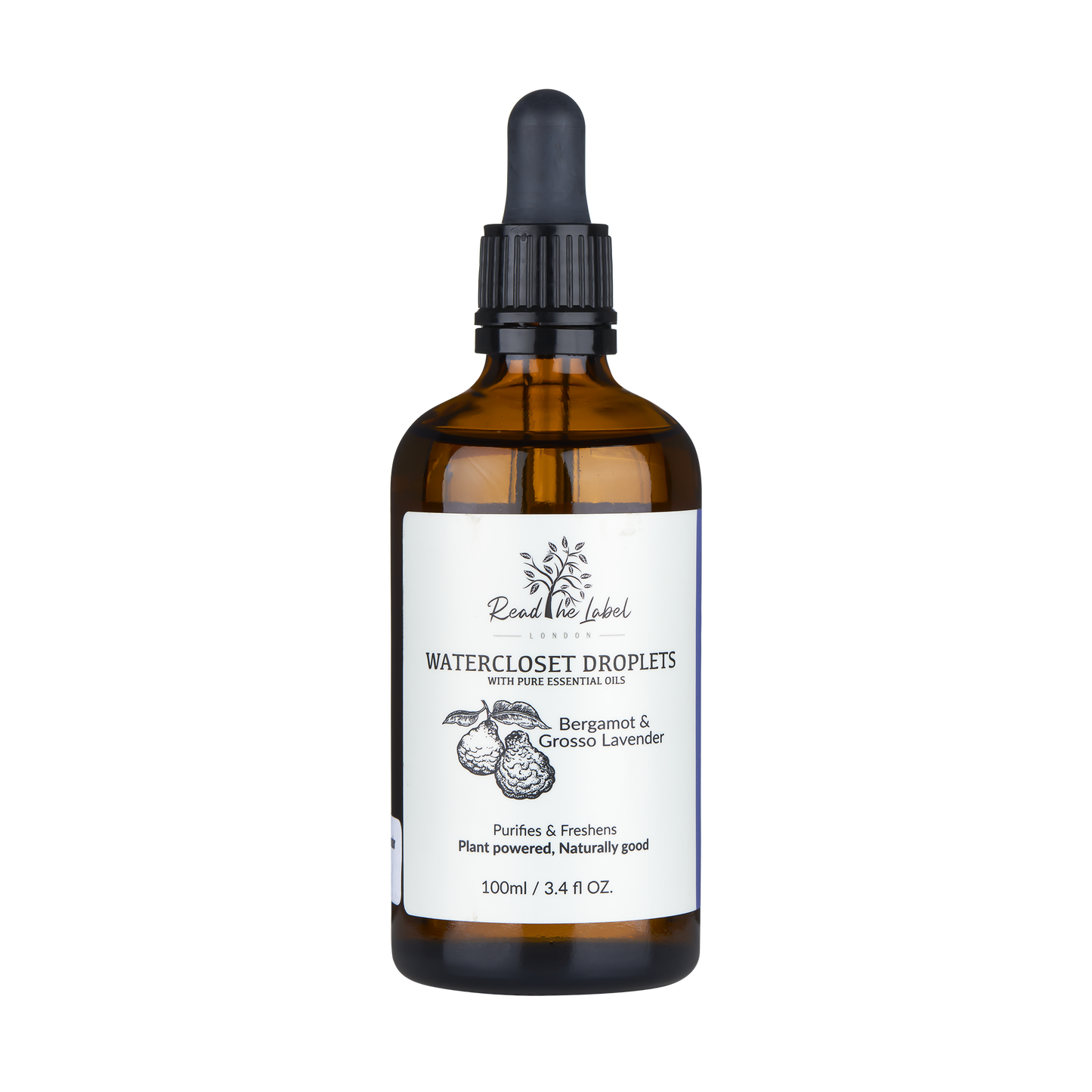 Natural water closet droplets with bergamot and grosso lavender by Read The Label London, displayed in an elegant bottle.