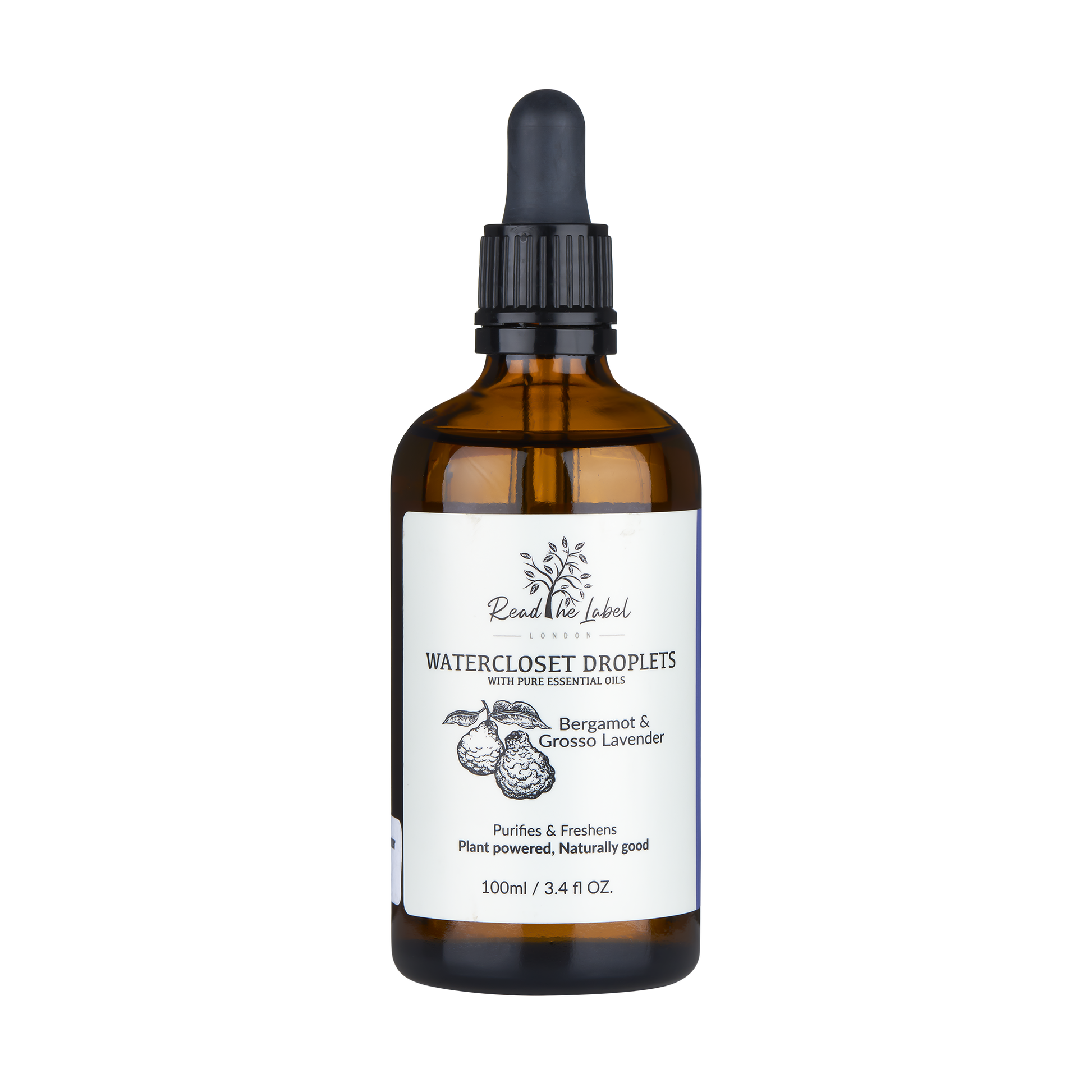 Natural water closet droplets with bergamot and grosso lavender by Read The Label London, displayed in an elegant bottle.