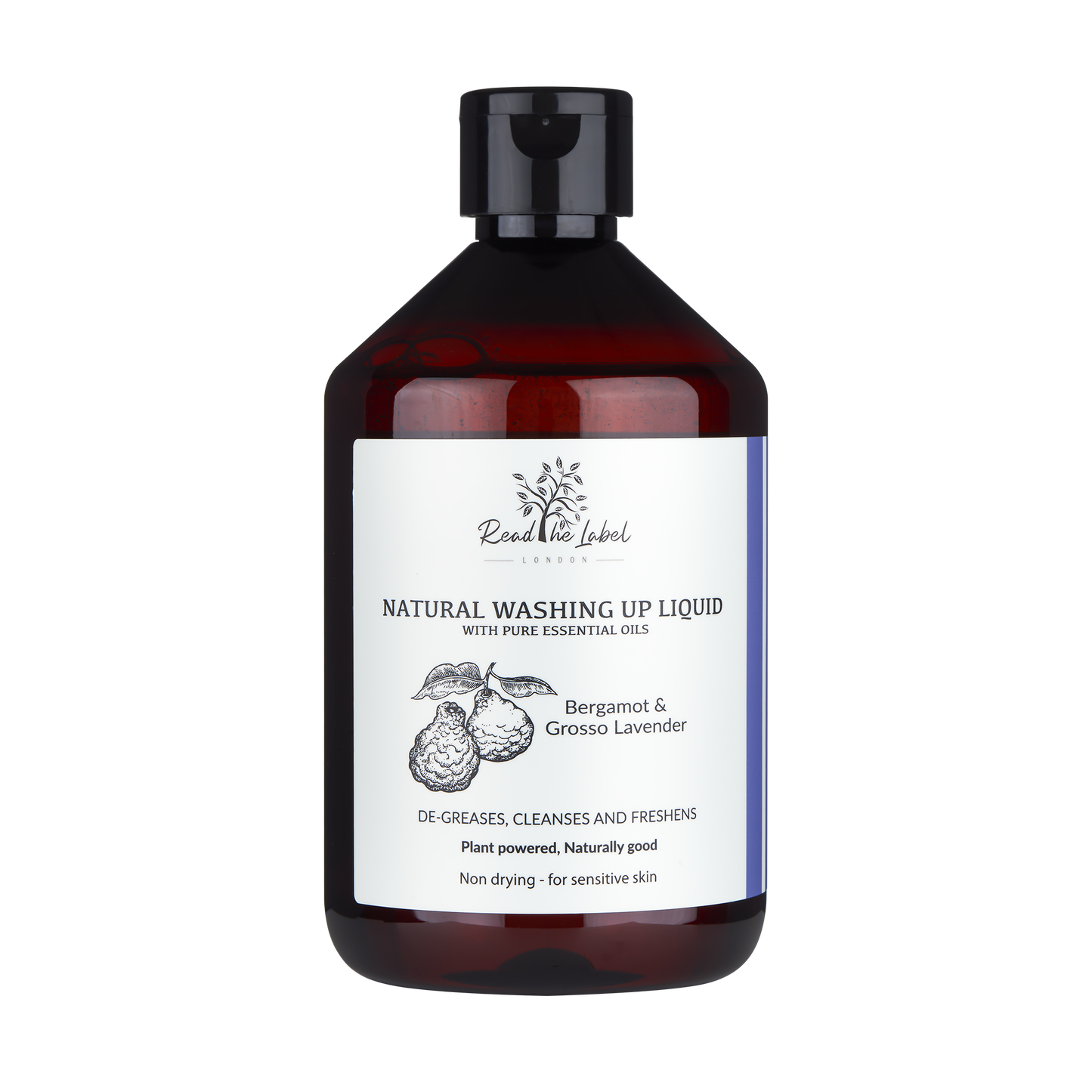 Natural washing up liquid from Read The Label London with eucalyptus and geranium, showing a clear bottle with green liquid and botanical ingredients.