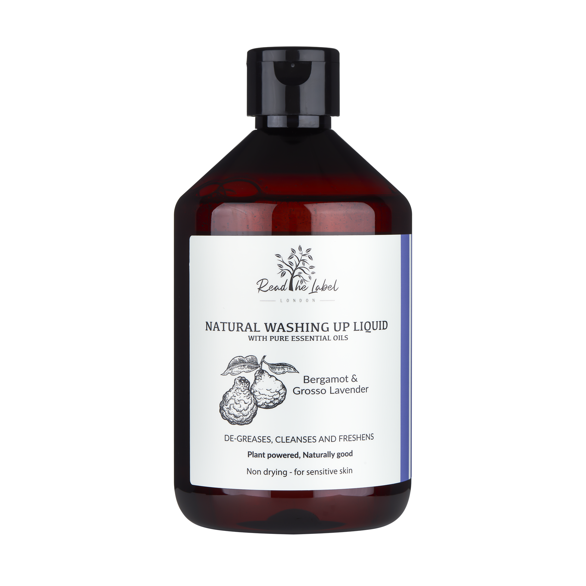 Natural washing up liquid from Read The Label London with eucalyptus and geranium, showing a clear bottle with green liquid and botanical ingredients.