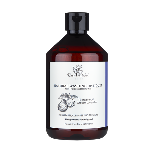 Natural washing up liquid from Read The Label London with eucalyptus and geranium, showing a clear bottle with green liquid and botanical ingredients.