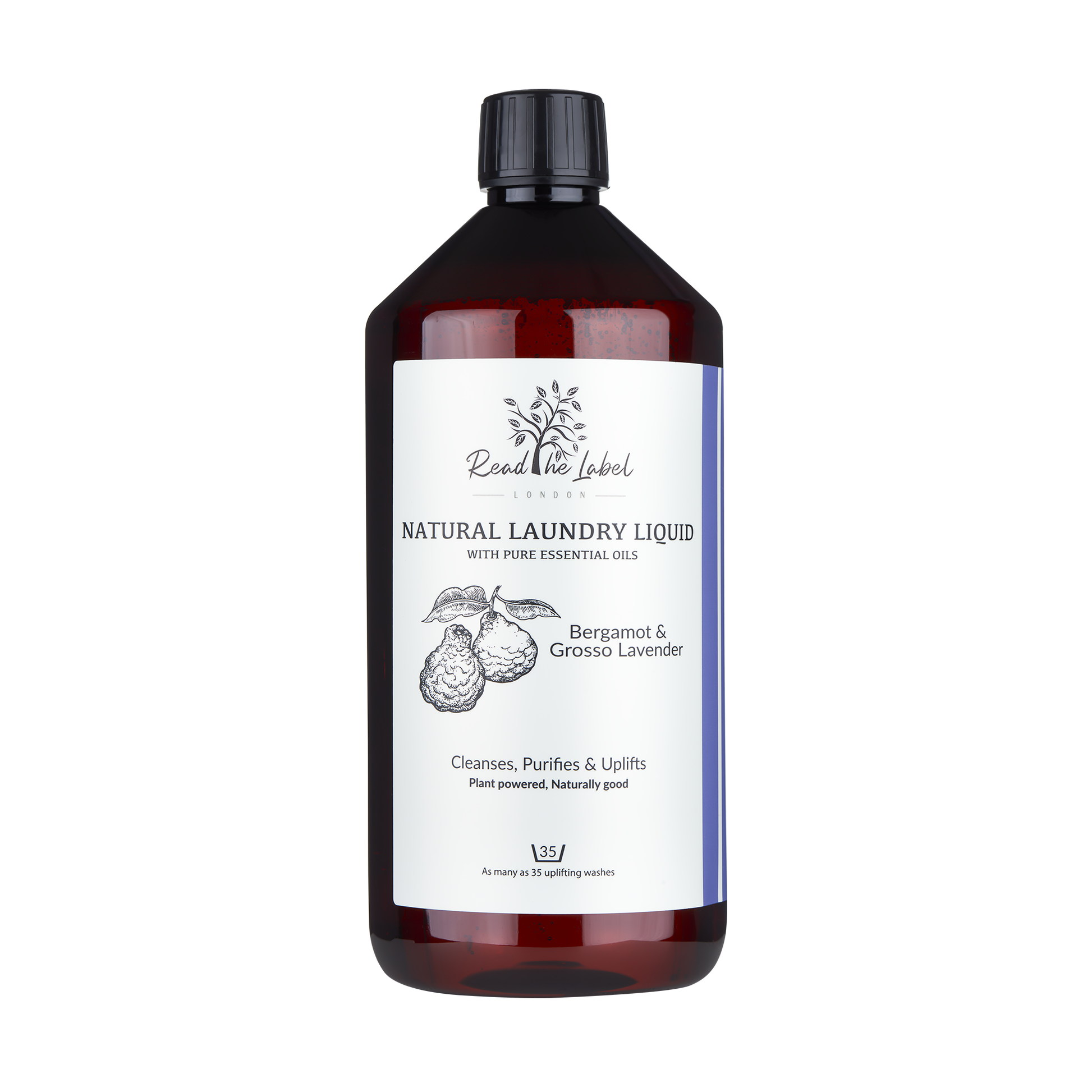 Natural laundry liquid fabric refresher with bergamot and grosso lavender from Read The Label London, showing a clear bottle of cleaning product.