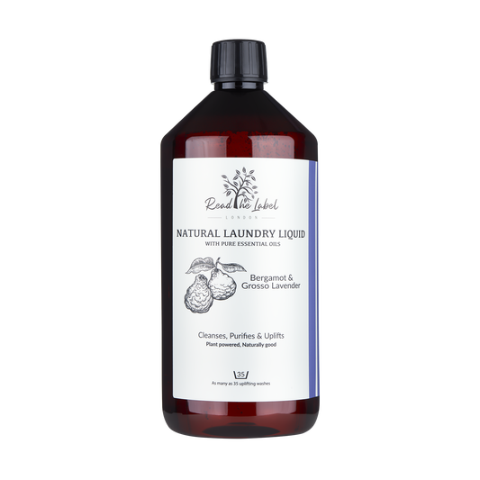 Natural laundry liquid fabric refresher with bergamot and grosso lavender from Read The Label London, showing a clear bottle of cleaning product.