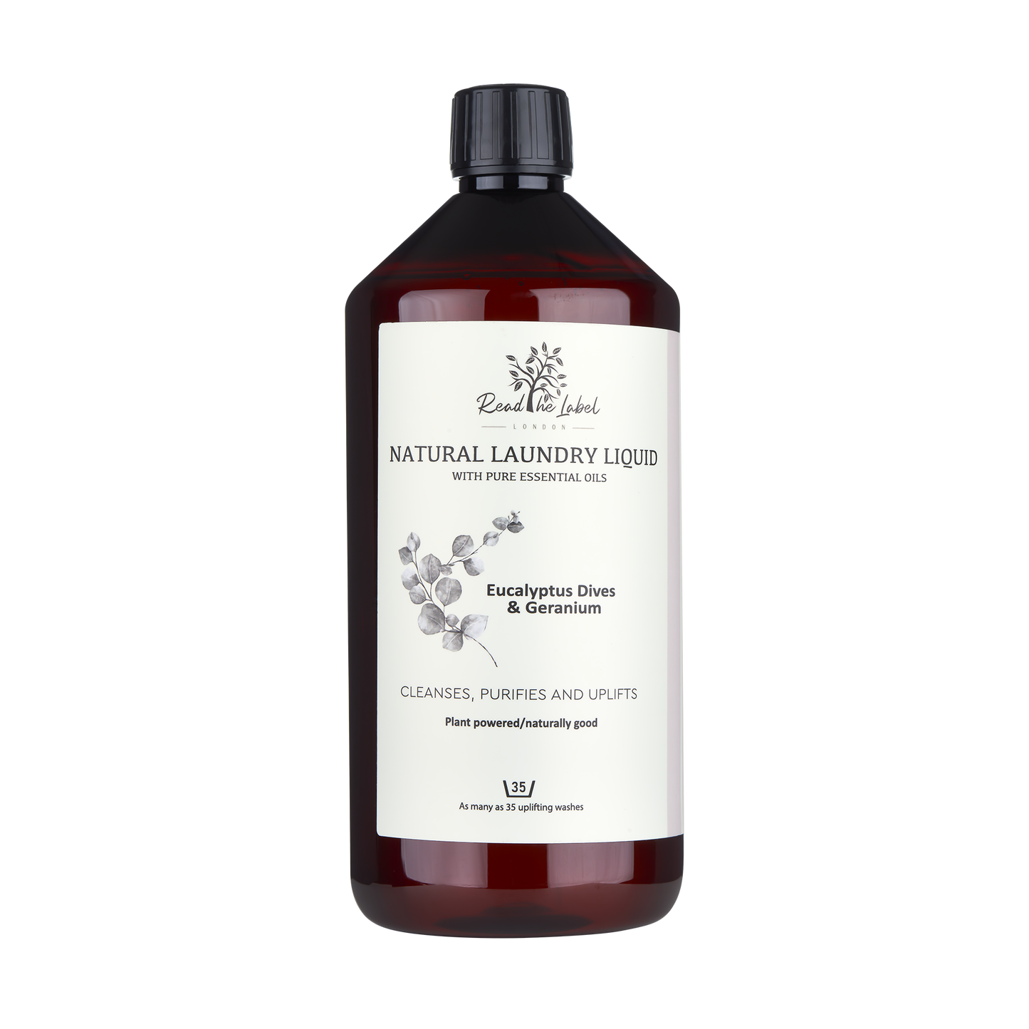 Natural laundry liquid with eucalyptus and geranium from Read The Label London, showing a bottle of eco-friendly cleaning solution.