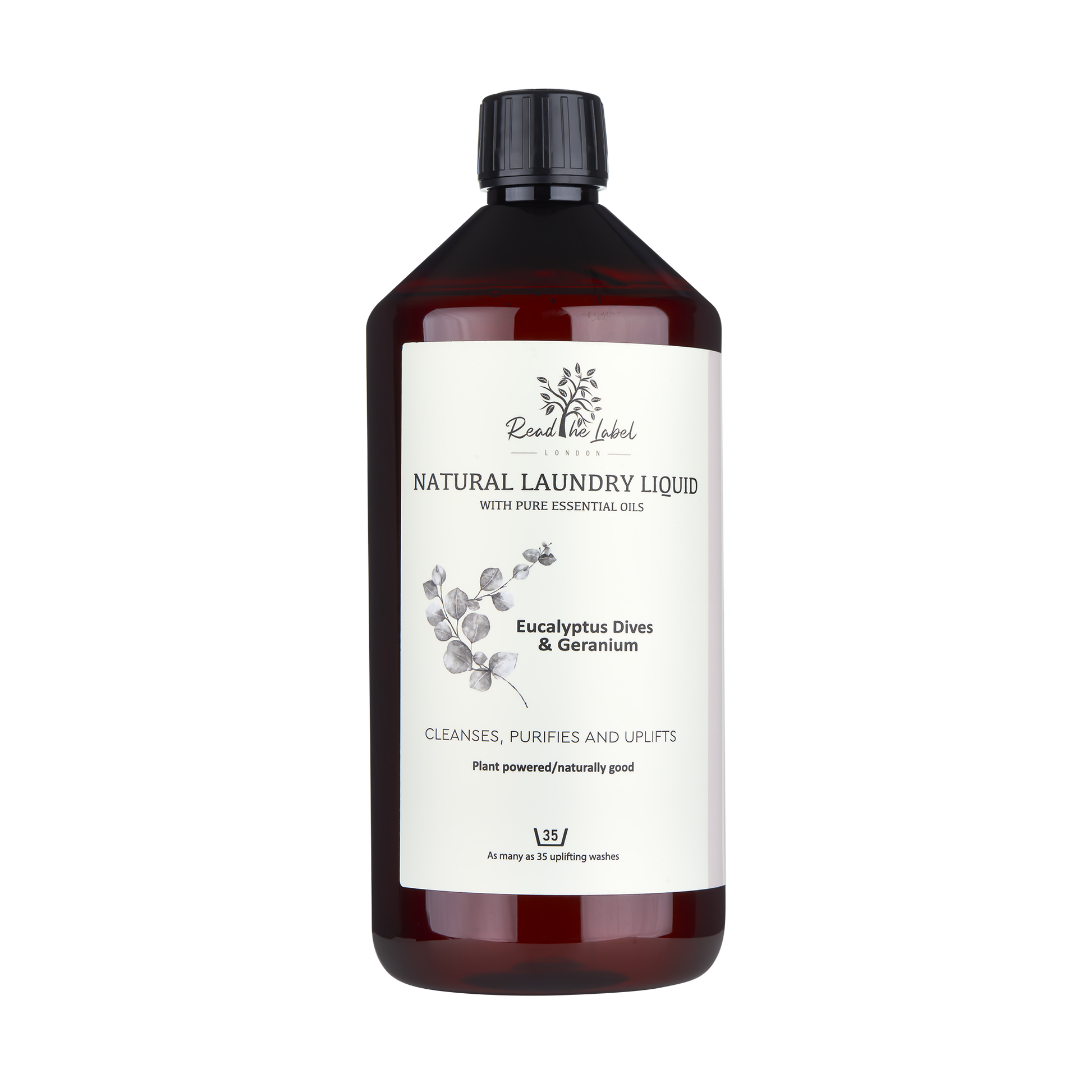 Natural laundry liquid with eucalyptus and geranium from Read The Label London, showing a bottle of eco-friendly cleaning solution.