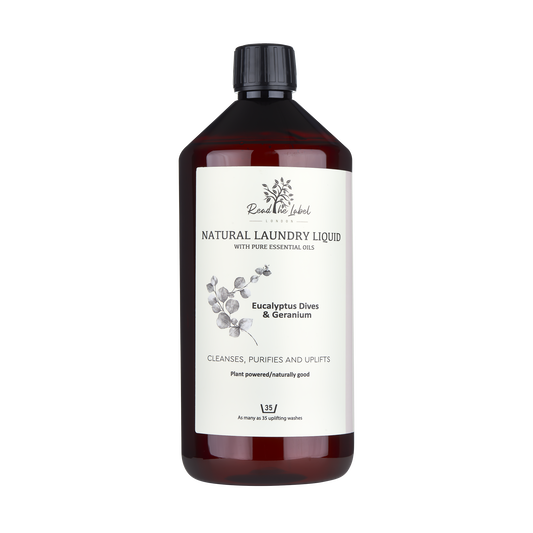 Natural laundry liquid with eucalyptus and geranium from Read The Label London, showing a bottle of eco-friendly cleaning solution.