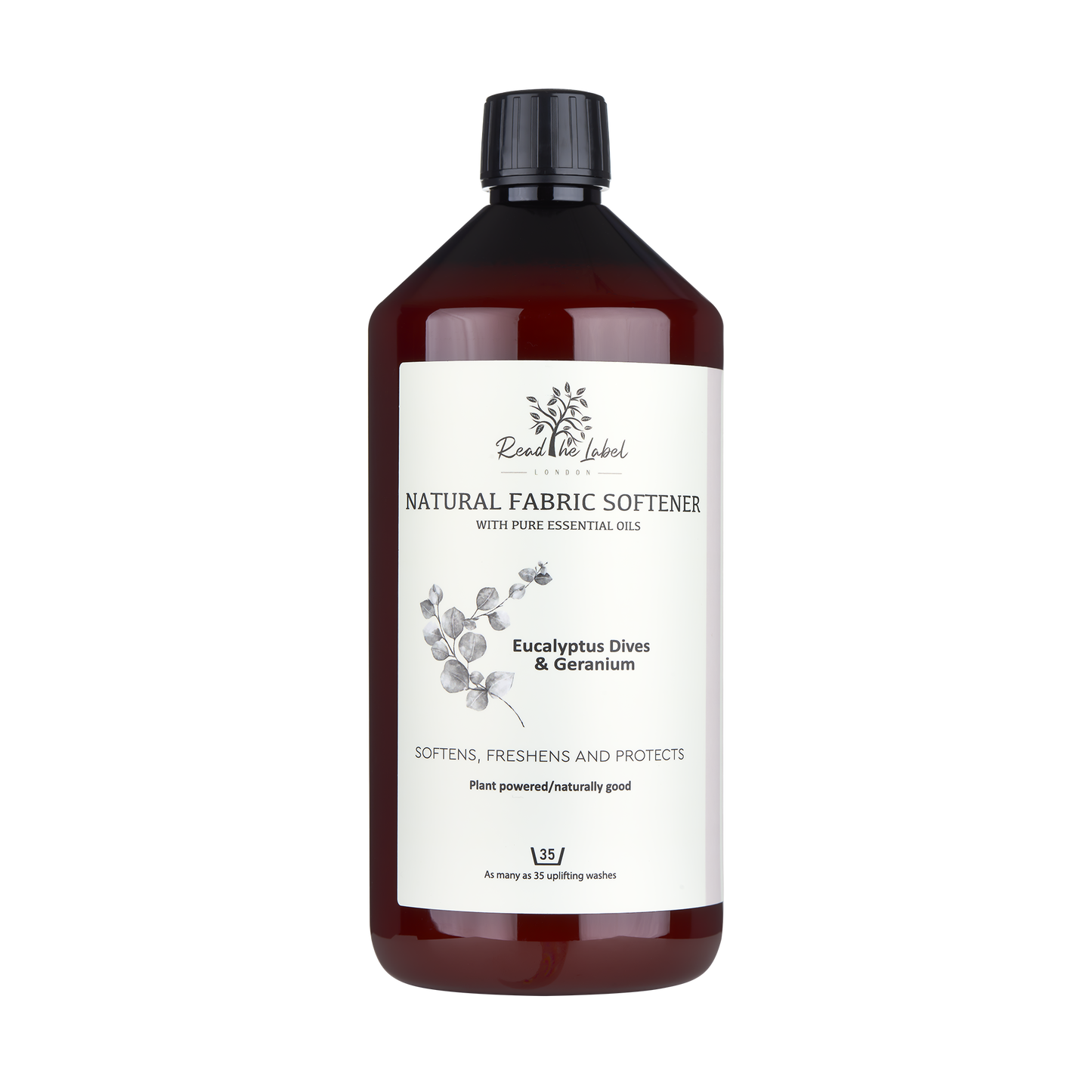Natural fabric softener from Read The Label London with eucalyptus, dives, and geranium scent, featuring a clear bottle and soft fabric.