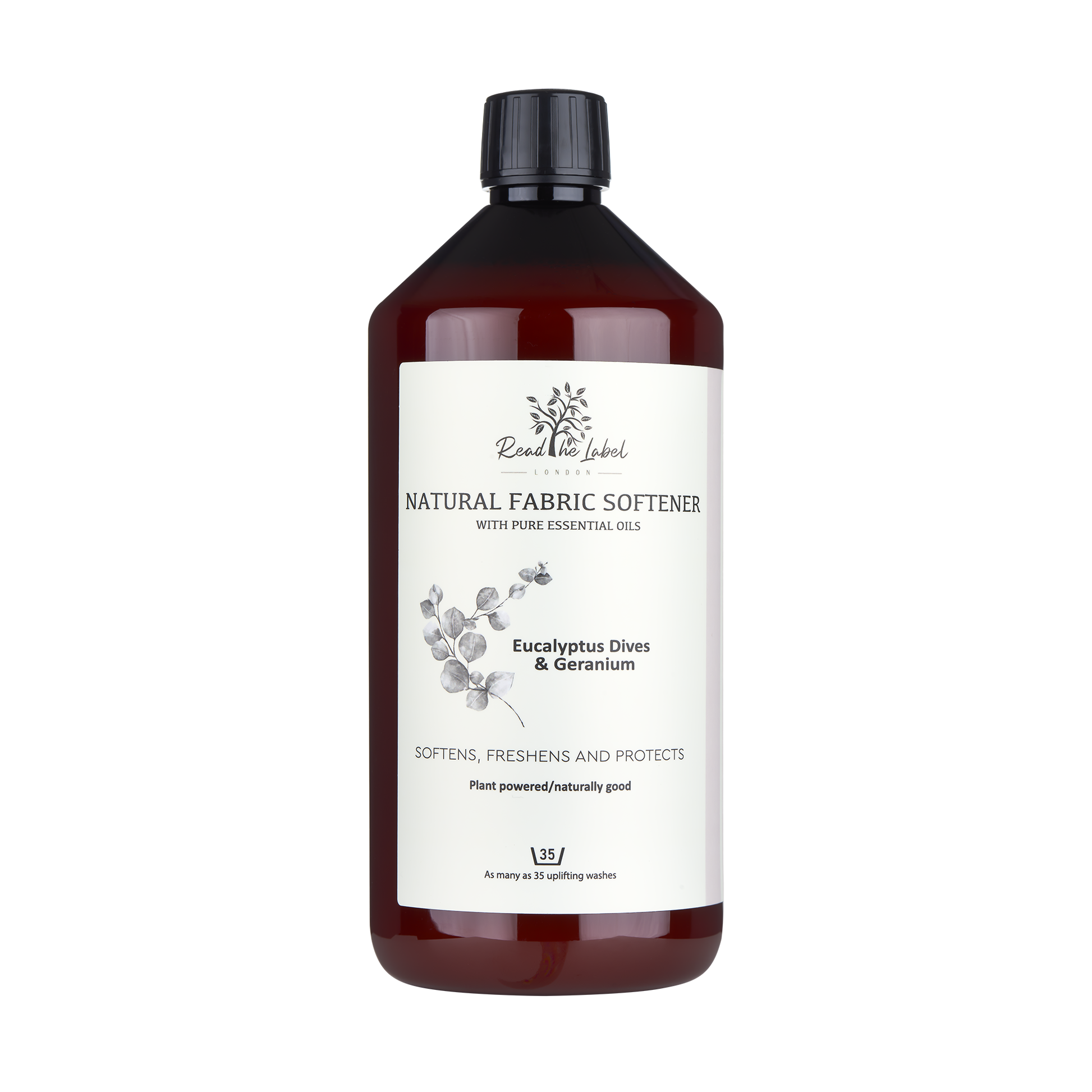 Natural fabric softener from Read The Label London with eucalyptus, dives, and geranium scent, featuring a clear bottle and soft fabric.
