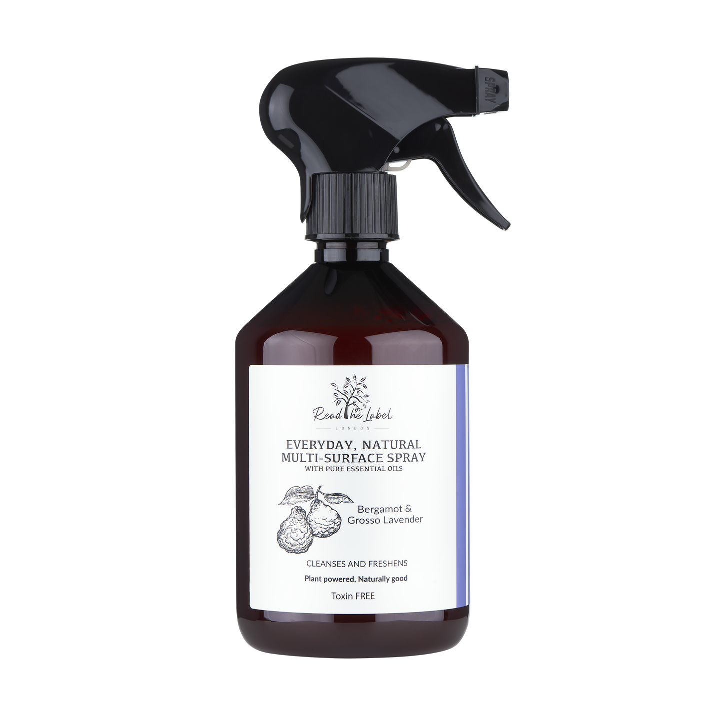 Natural multi-surface cleaner by Read The Label London with bergamot and grosso lavender, showing a spray bottle and fresh botanical ingredients.