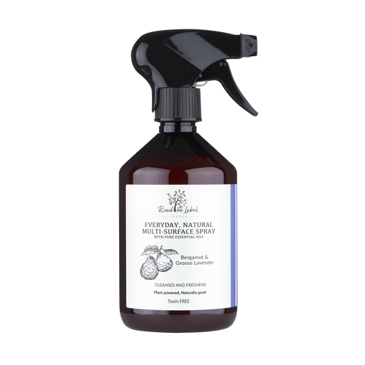 Natural multi-surface cleaner by Read The Label London with bergamot and grosso lavender, showing a spray bottle and fresh botanical ingredients.