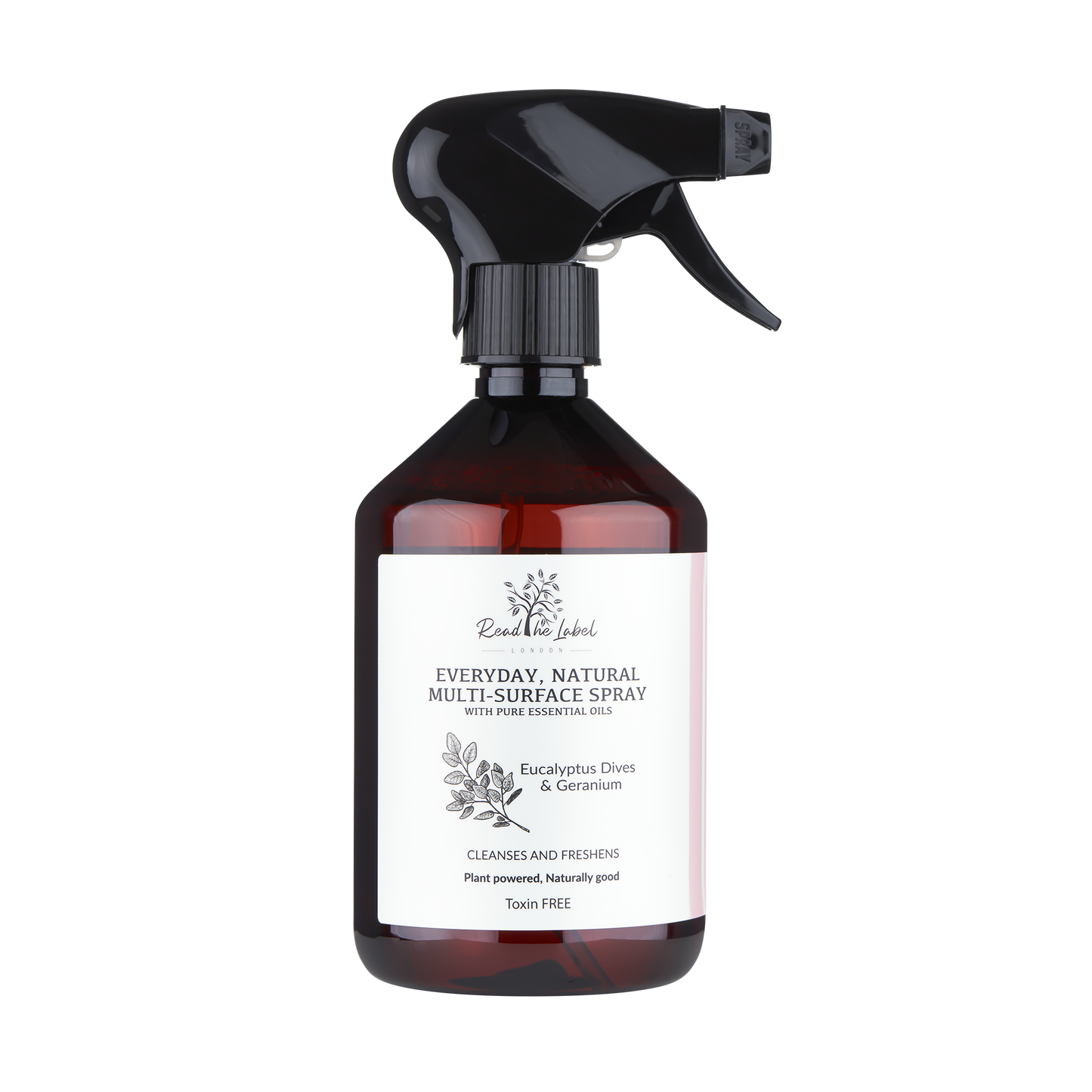 Natural multi-surface cleaner by Read The Label London with eucalyptus and geranium, showing spray bottle and fresh botanical ingredients.