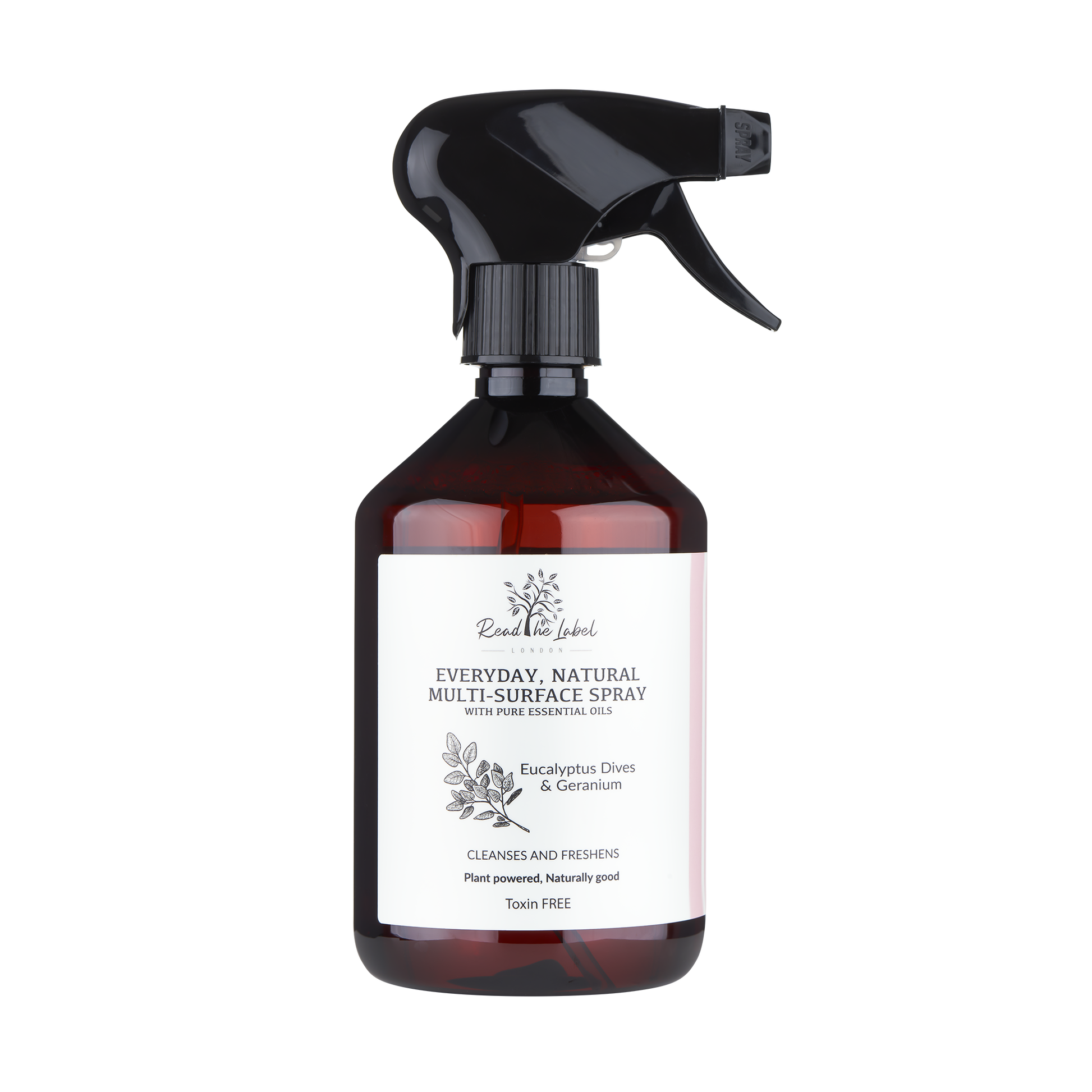 Natural multi-surface cleaner by Read The Label London with eucalyptus and geranium, showing spray bottle and fresh botanical ingredients.