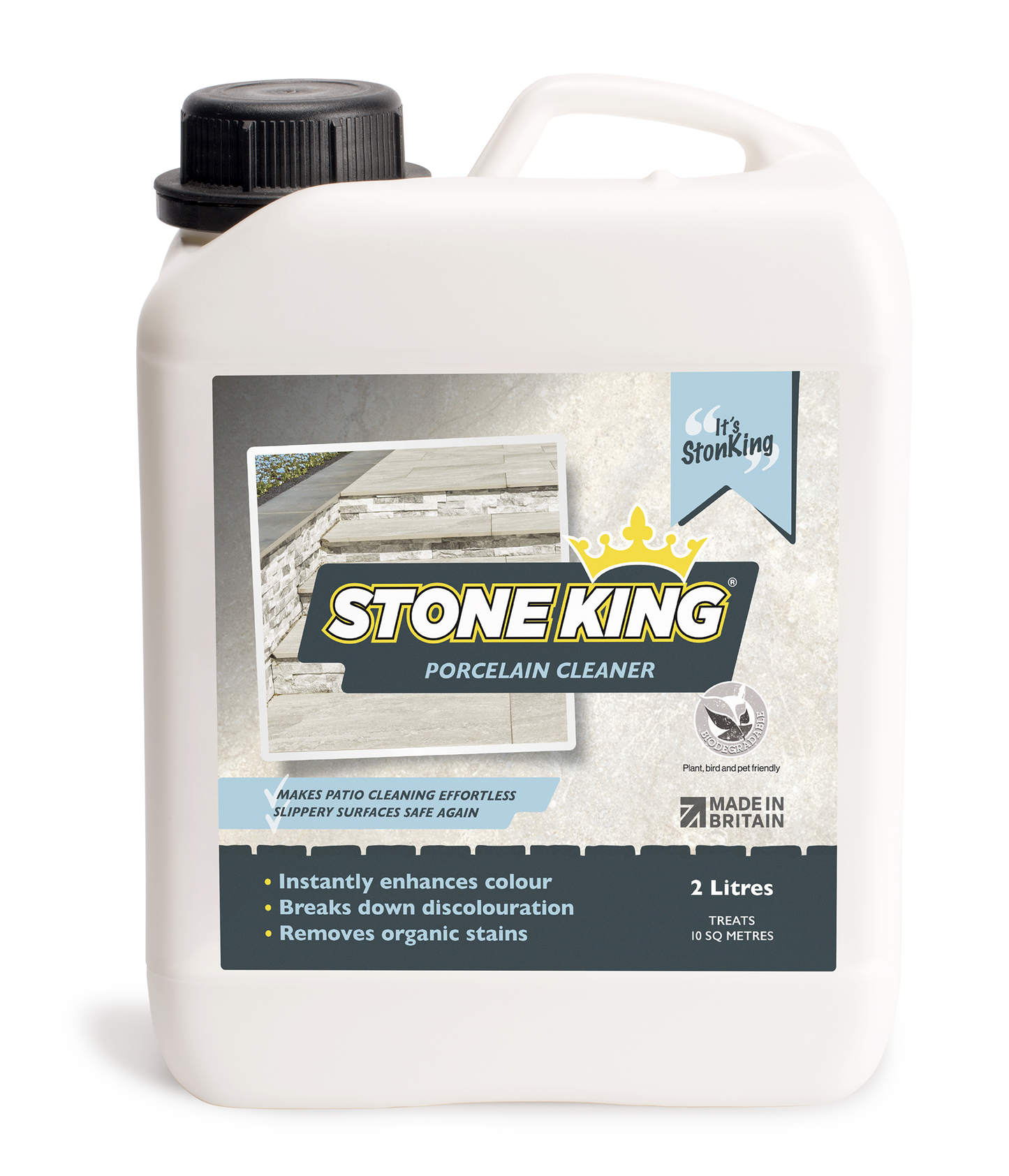 2-liter bottle of Patio Black Spot Removal Porcelain Cleaner for cleaning and maintaining porcelain surfaces.