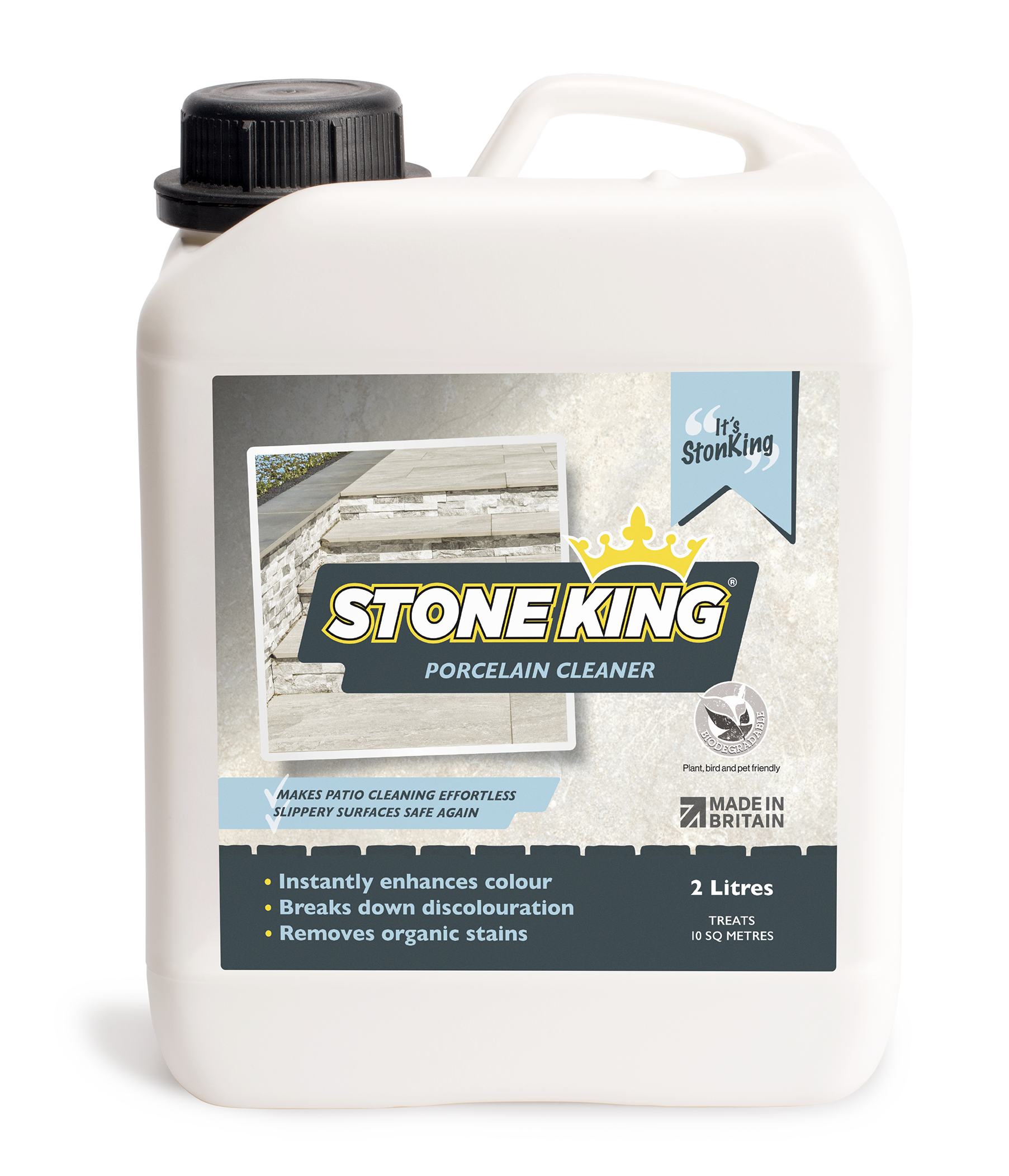 2-liter bottle of Patio Black Spot Removal Porcelain Cleaner for cleaning and maintaining porcelain surfaces.