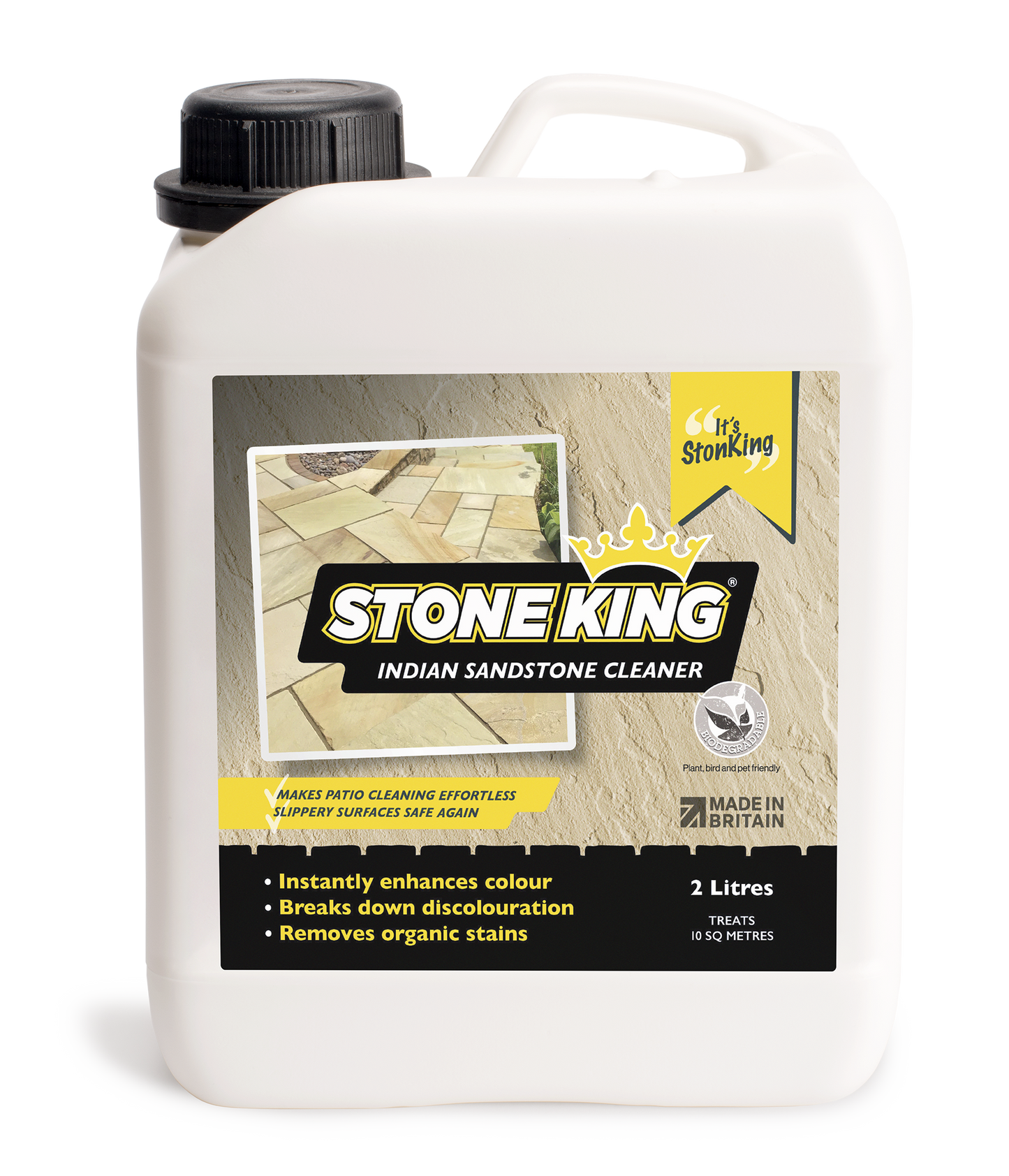 Indian sandstone cleaner by Stone King for Patio Black Spot Removal, 2-liter bottle of stone cleaning solution.