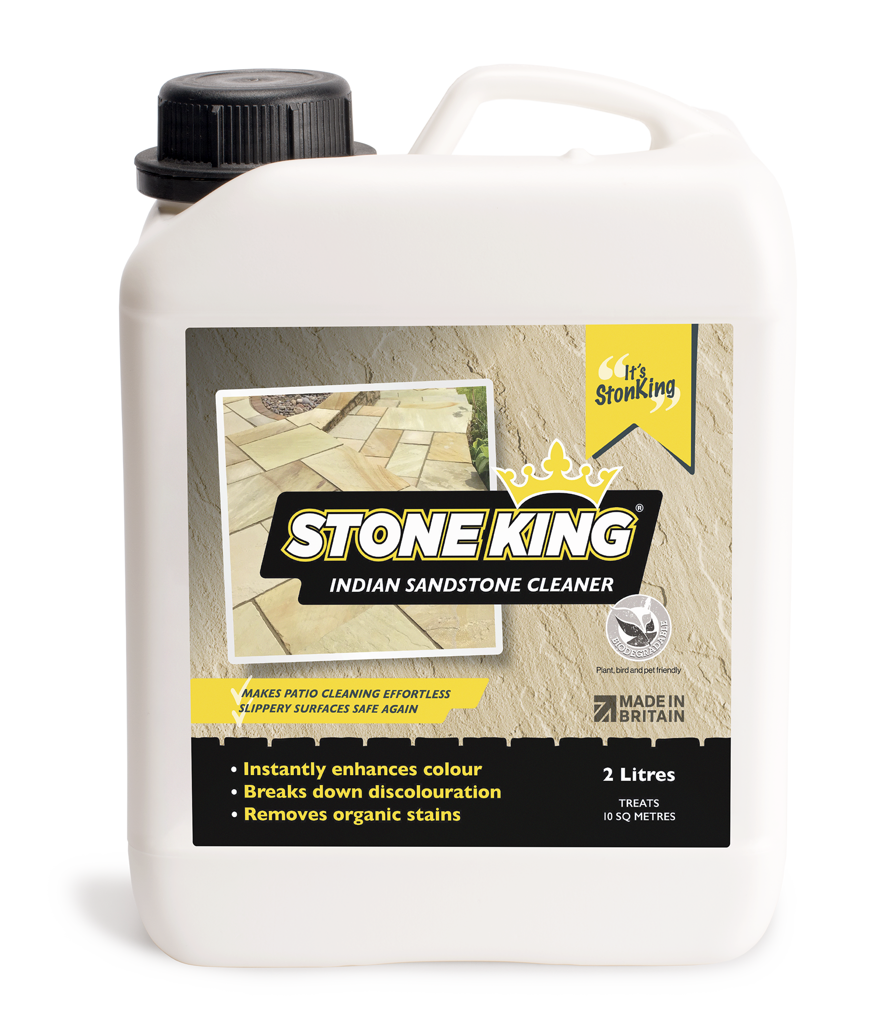 Indian sandstone cleaner by Stone King for Patio Black Spot Removal, 2-liter bottle of stone cleaning solution.