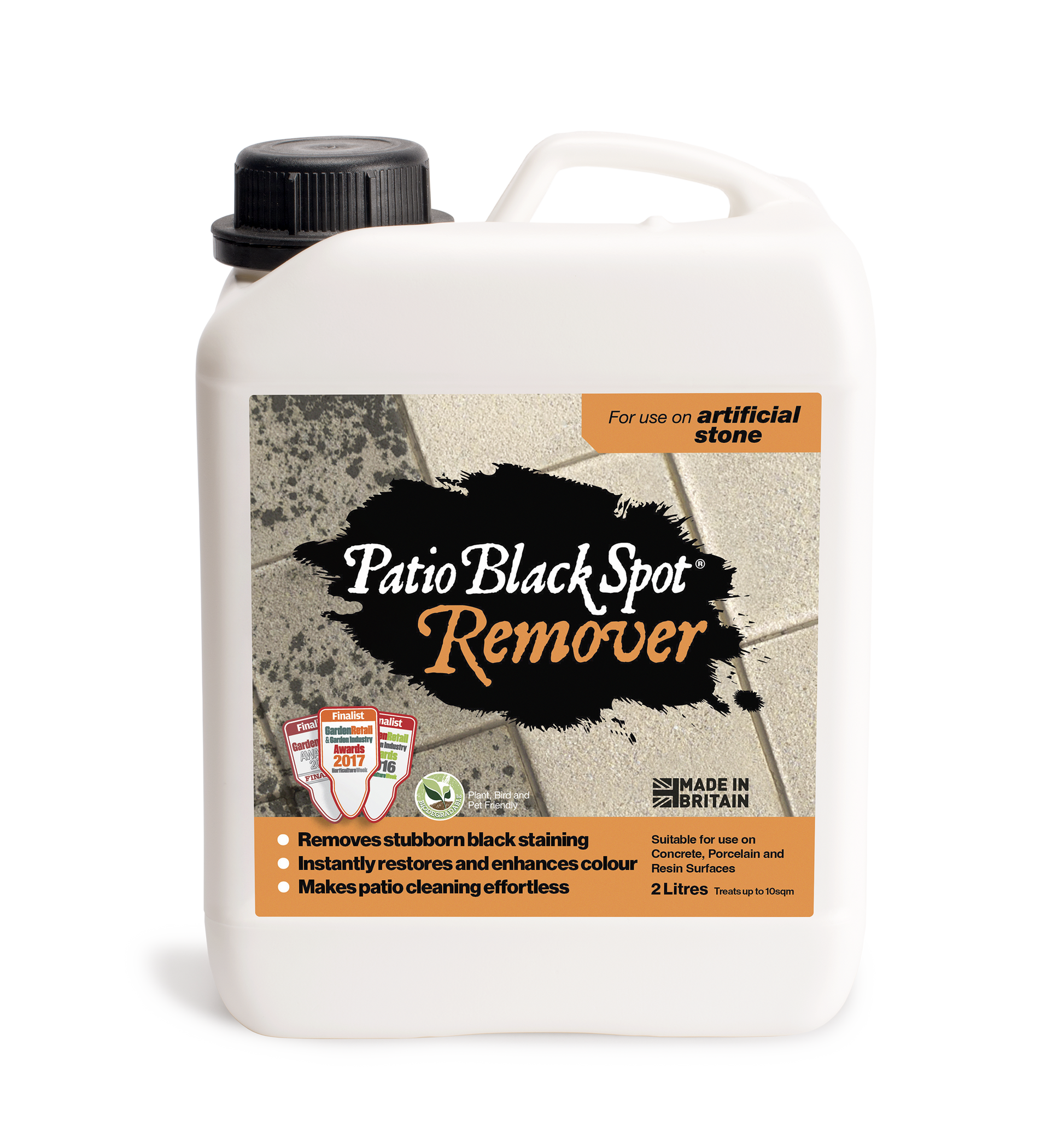 Two-liter bottle of Patio Black Spot Remover for artificial stone, designed for cleaning and removing black spots from outdoor surfaces.
