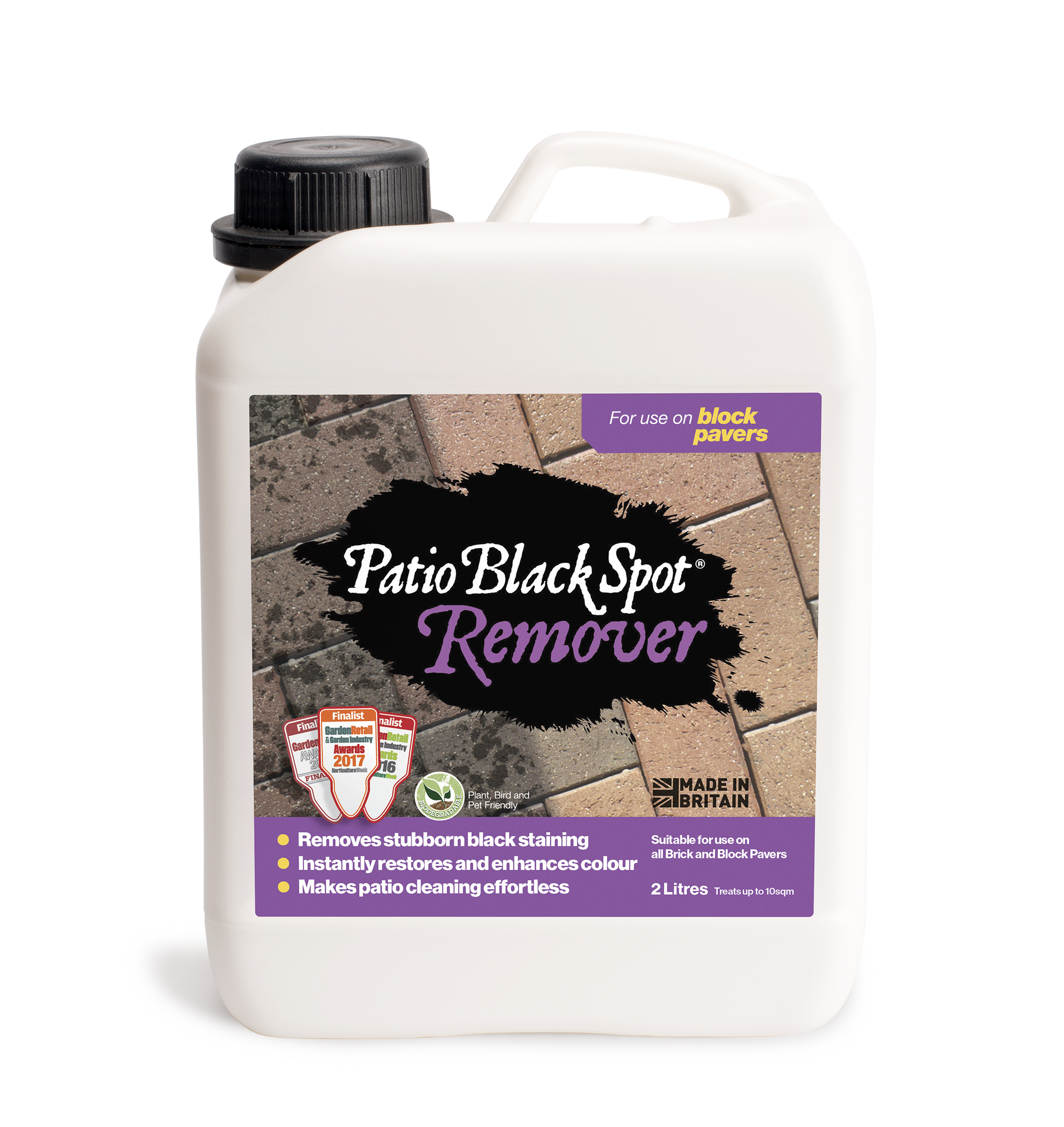 2-liter bottle of Patio Black Spot Remover for block paving, used for cleaning and removing stains from garden paving surfaces.