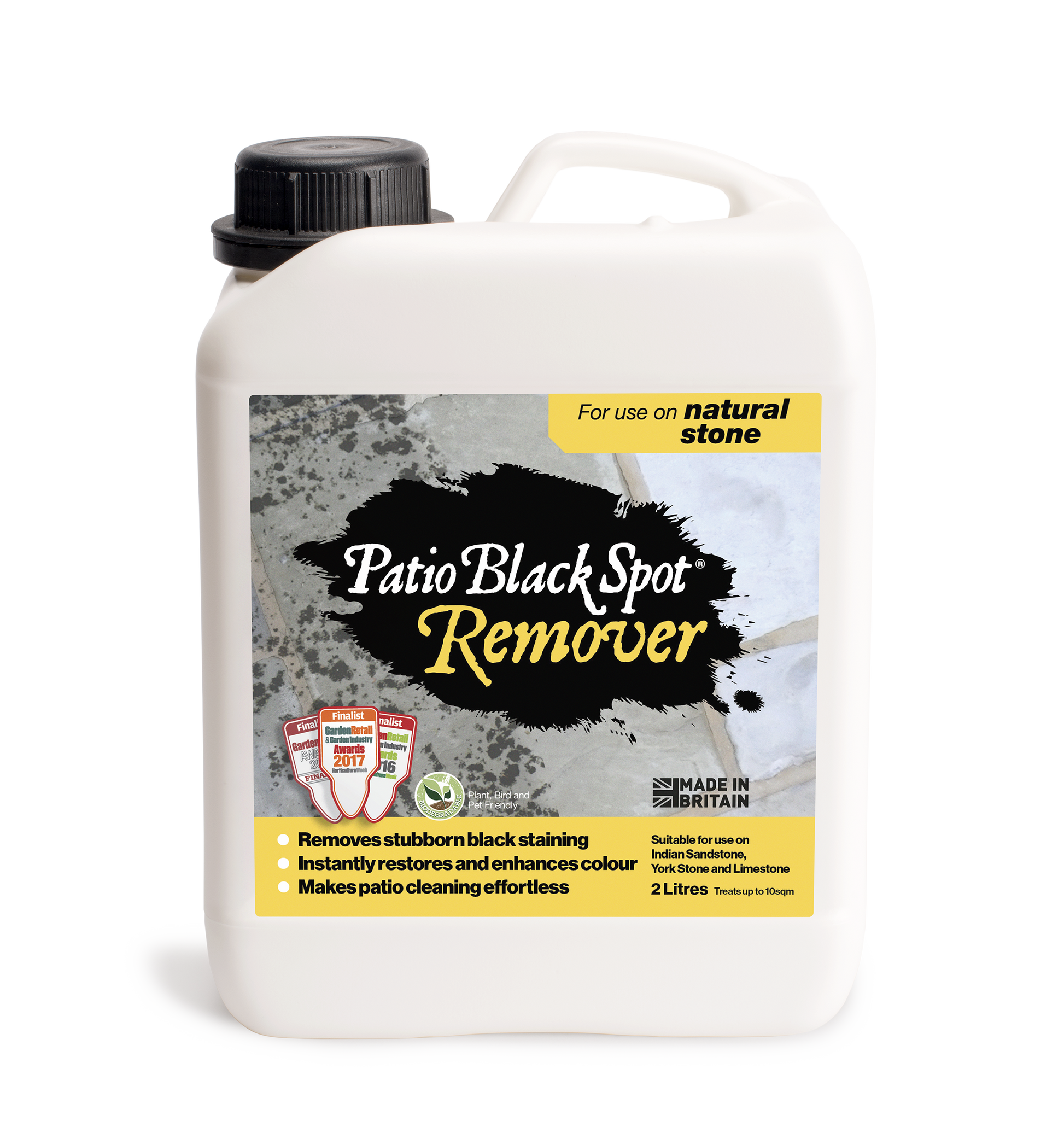 Two-liter bottle of Patio Black Spot Remover for natural stone, designed to clean and eliminate black spots on patio surfaces.