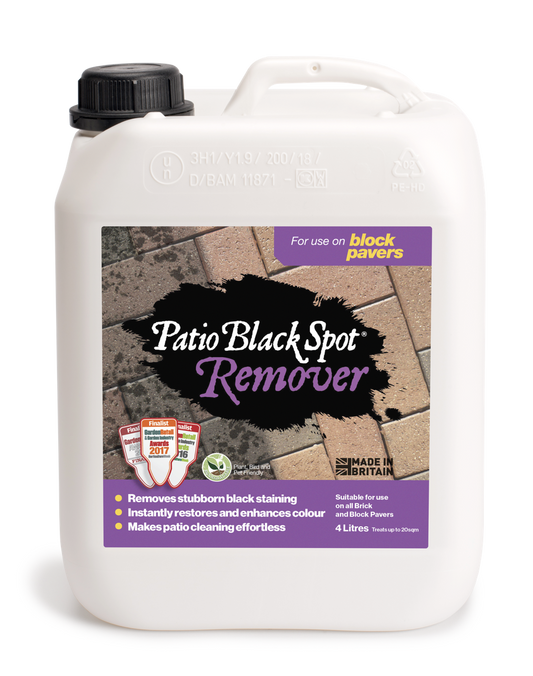 Four-liter container of Patio Black Spot Remover for block paving from Patio Black Spot Removal, used for cleaning outdoor paving surfaces.