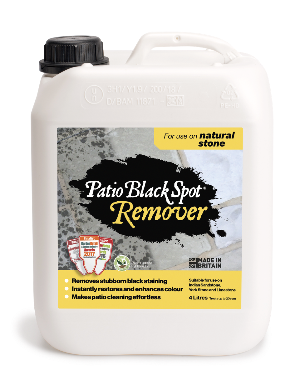 4-liter container of Patio Black Spot Remover for natural stone, designed to clean and restore outdoor stone surfaces.