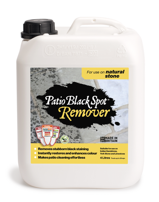 4-liter container of Patio Black Spot Remover for natural stone, designed to clean and restore outdoor stone surfaces.